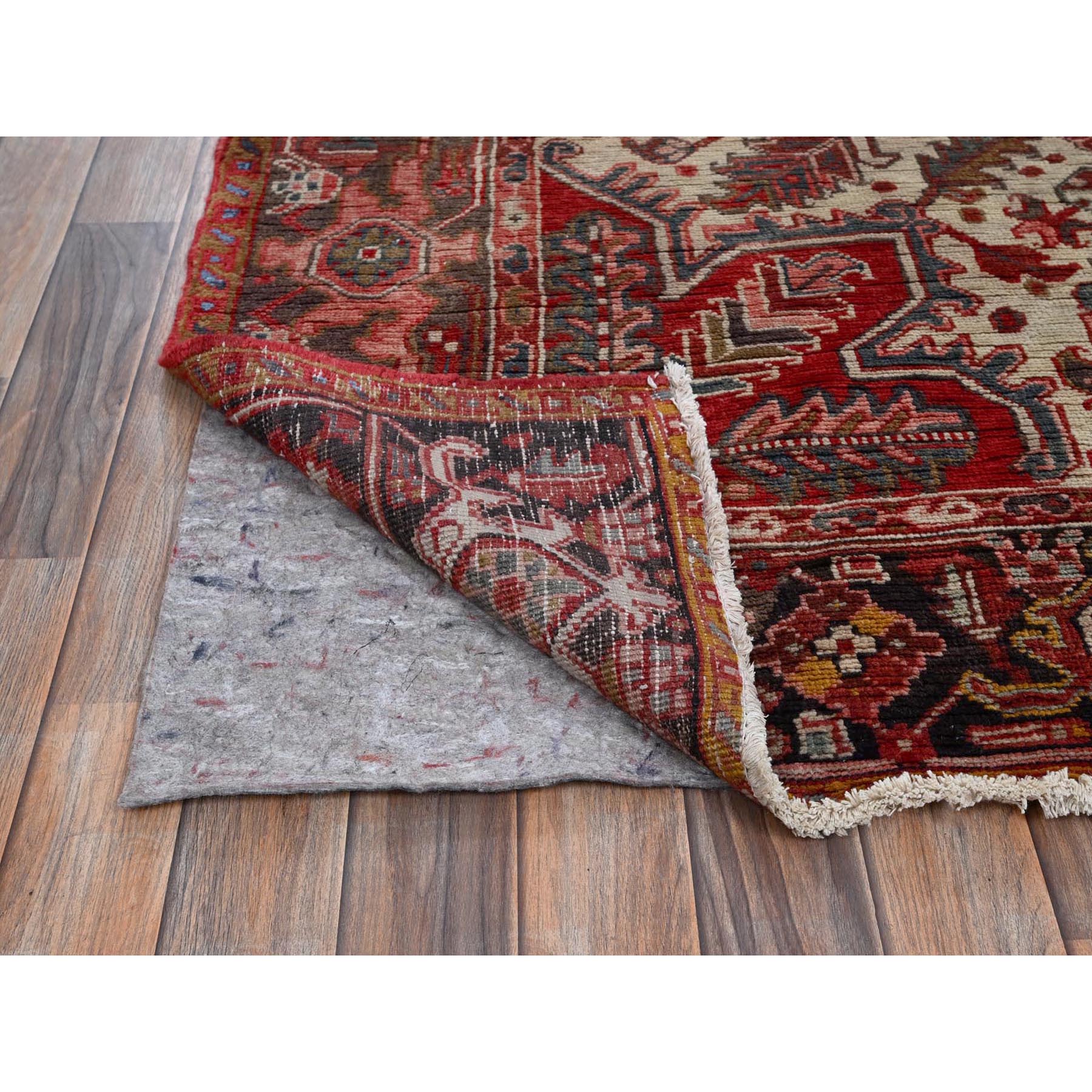 8'3"x10'8" Crimson Red, Vintage Persian Heriz with Geometric Medallion Design, 100% Wool, Hand Knotted, Worn and Distressed, Cropped Thin, Clean, Sides and Ends Professionally Secured, Oriental Rug Sh1334