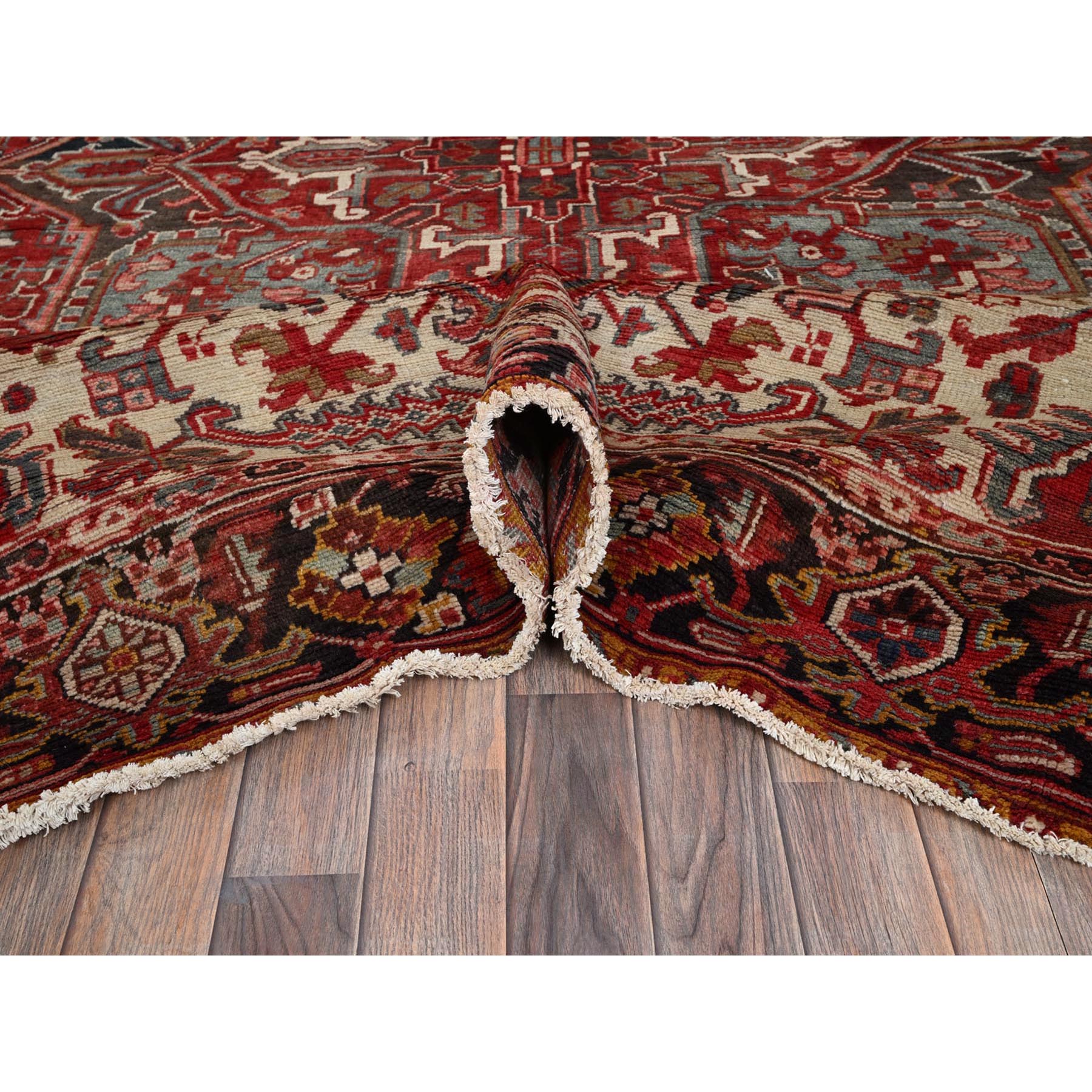 8'3"x10'8" Crimson Red, Vintage Persian Heriz with Geometric Medallion Design, 100% Wool, Hand Knotted, Worn and Distressed, Cropped Thin, Clean, Sides and Ends Professionally Secured, Oriental Rug Sh1334