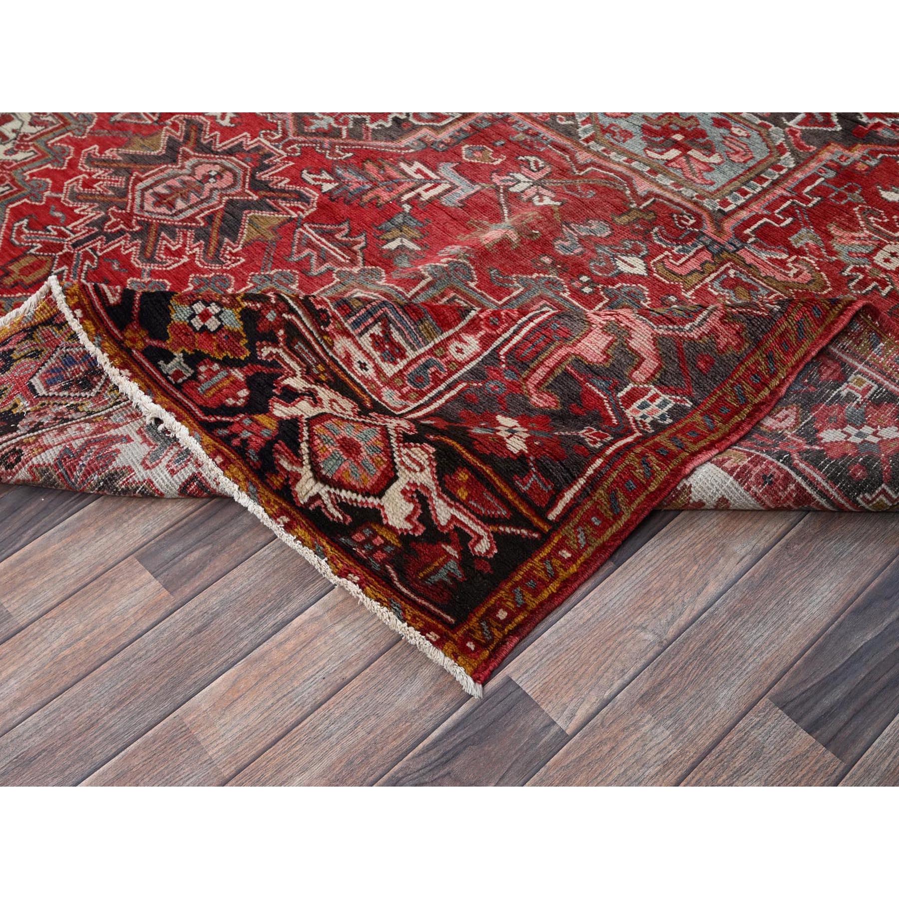 8'3"x10'8" Crimson Red, Vintage Persian Heriz with Geometric Medallion Design, 100% Wool, Hand Knotted, Worn and Distressed, Cropped Thin, Clean, Sides and Ends Professionally Secured, Oriental Rug Sh1334