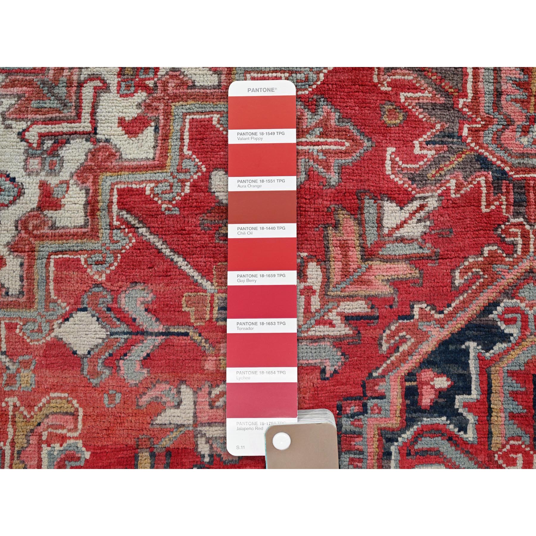 8'3"x10'8" Crimson Red, Vintage Persian Heriz with Geometric Medallion Design, 100% Wool, Hand Knotted, Worn and Distressed, Cropped Thin, Clean, Sides and Ends Professionally Secured, Oriental Rug Sh1334