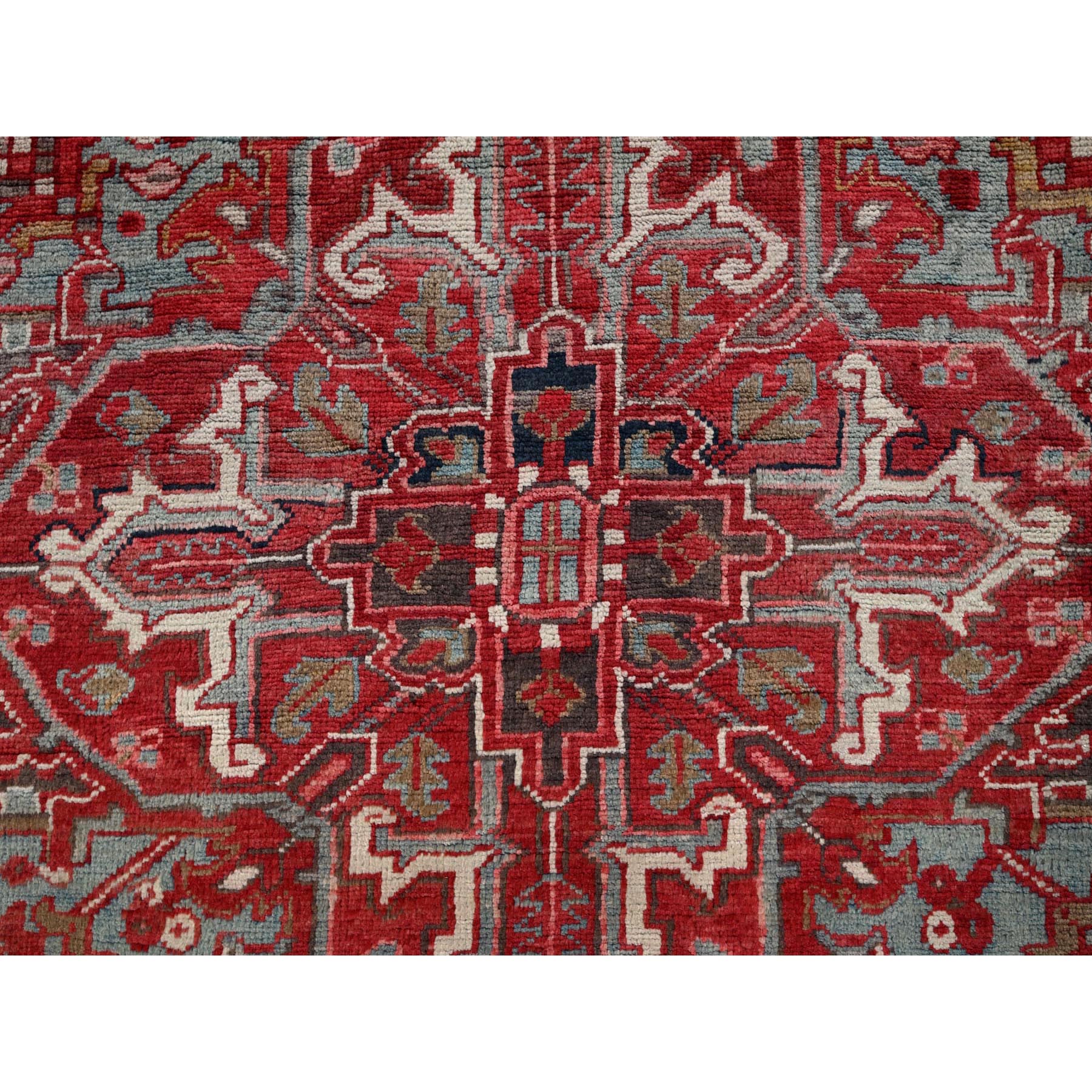 8'3"x10'8" Crimson Red, Vintage Persian Heriz with Geometric Medallion Design, 100% Wool, Hand Knotted, Worn and Distressed, Cropped Thin, Clean, Sides and Ends Professionally Secured, Oriental Rug Sh1334
