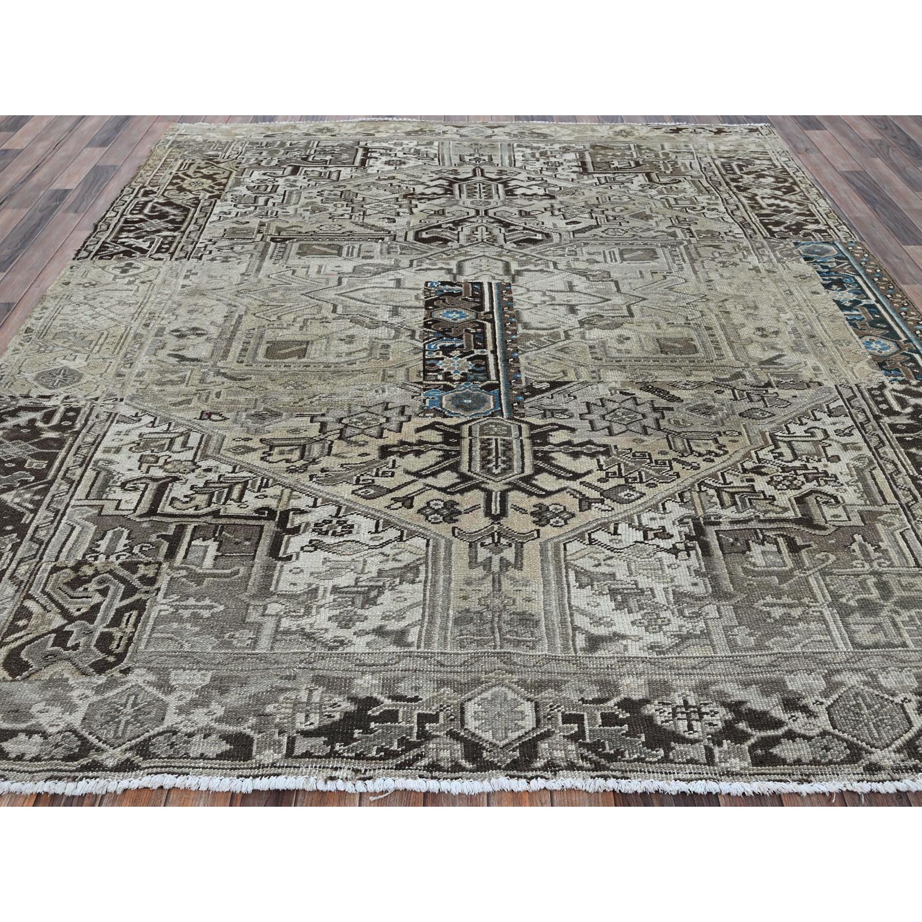 8'x9'4" Pastel Gray, Vintage Persian Heriz with Distinct Abrash, Unique Patches, Stone Washed, Worn and Distressed, Sheared Low, Sides and Ends Professionally Secured, 100% Wool, Hand Knotted, Squarish, Oriental Rug Sh1336