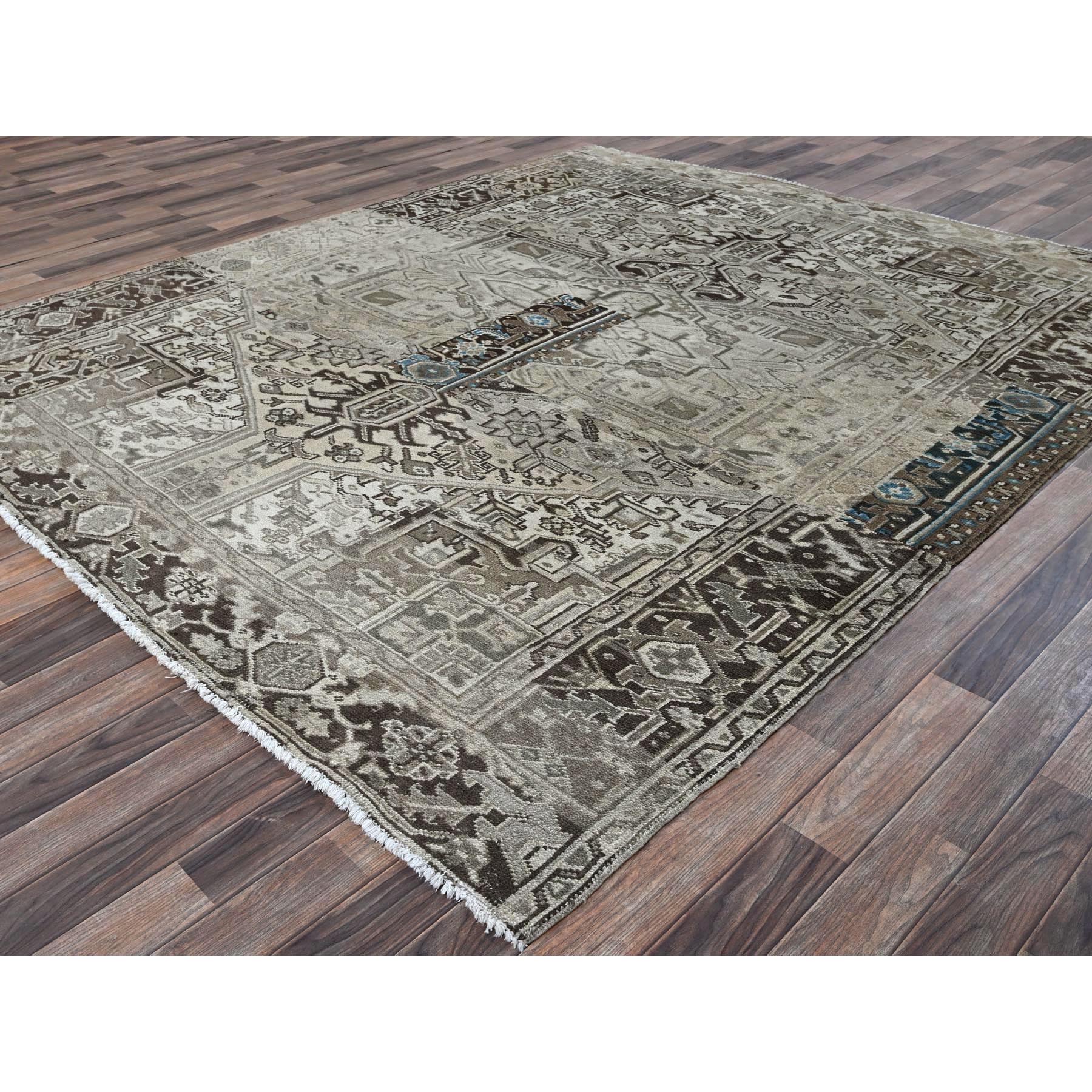 8'x9'4" Pastel Gray, Vintage Persian Heriz with Distinct Abrash, Unique Patches, Stone Washed, Worn and Distressed, Sheared Low, Sides and Ends Professionally Secured, 100% Wool, Hand Knotted, Squarish, Oriental Rug Sh1336