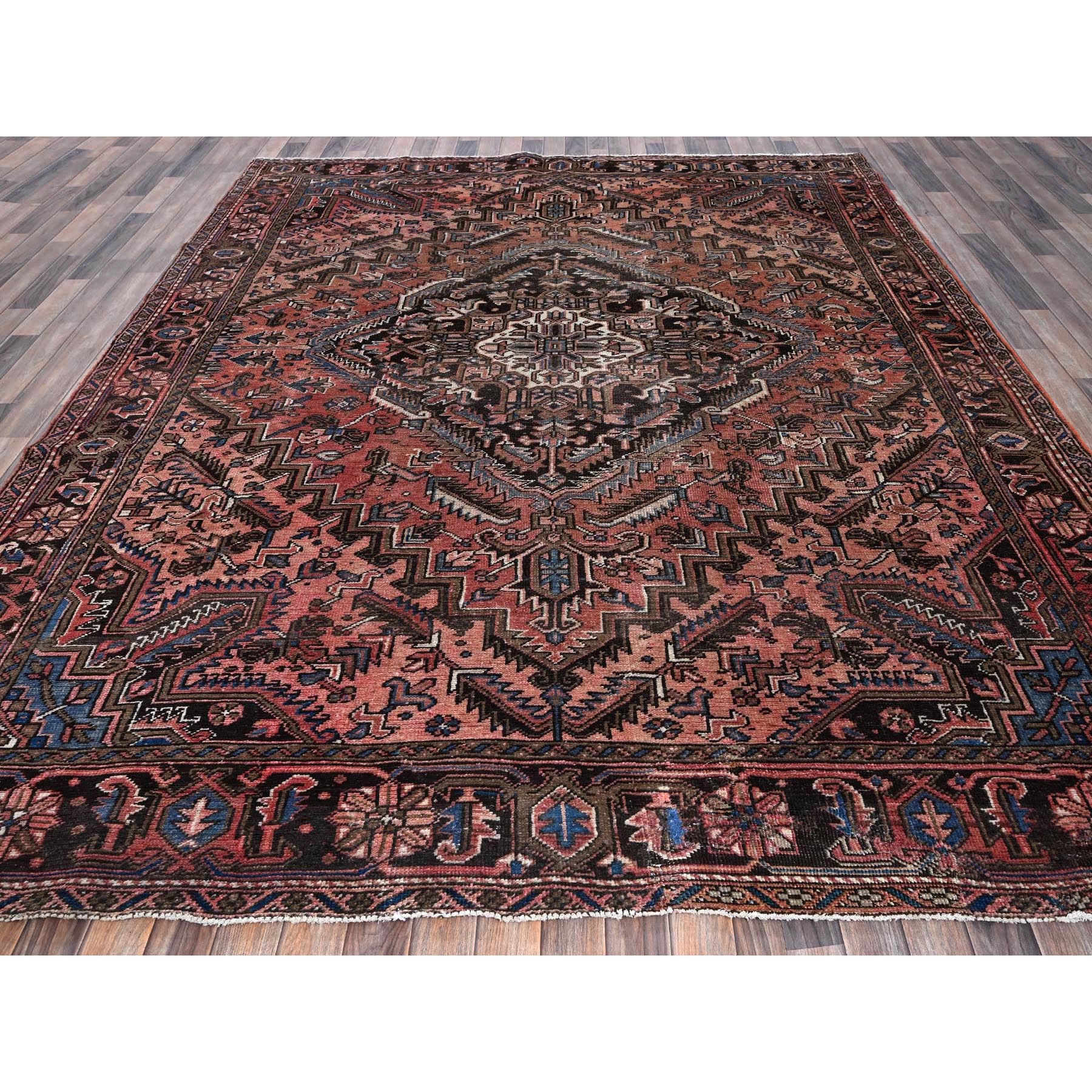 8'8"x11' Blush Red, Vintage Persian Heriz with Some Wear, Sheared Low, Sides and Ends Professionally Secured, Clean, Hand Knotted, 100% Wool, Oriental Rug Sh1339