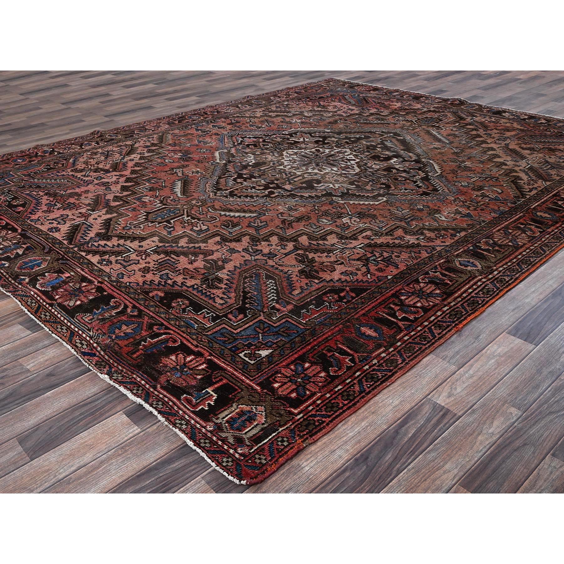 8'8"x11' Blush Red, Vintage Persian Heriz with Some Wear, Sheared Low, Sides and Ends Professionally Secured, Clean, Hand Knotted, 100% Wool, Oriental Rug Sh1339