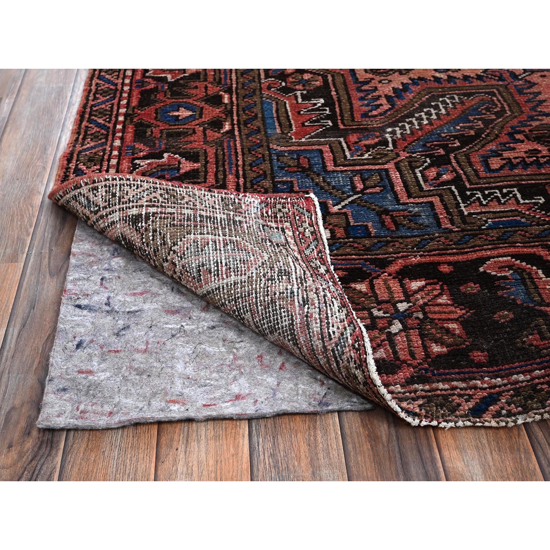 8'8"x11' Blush Red, Vintage Persian Heriz with Some Wear, Sheared Low, Sides and Ends Professionally Secured, Clean, Hand Knotted, 100% Wool, Oriental Rug Sh1339