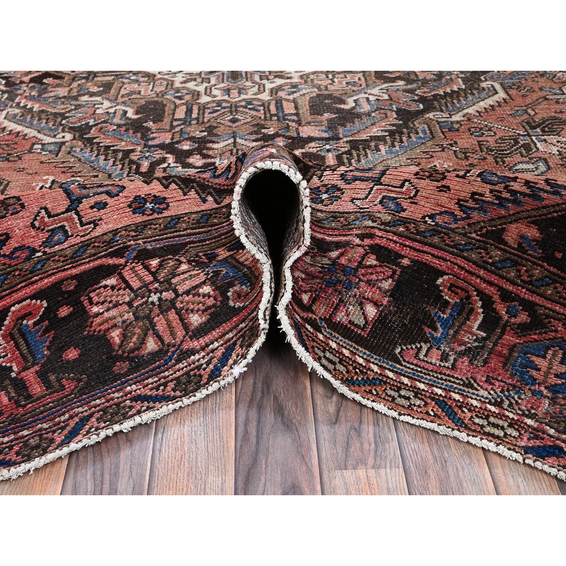 8'8"x11' Blush Red, Vintage Persian Heriz with Some Wear, Sheared Low, Sides and Ends Professionally Secured, Clean, Hand Knotted, 100% Wool, Oriental Rug Sh1339