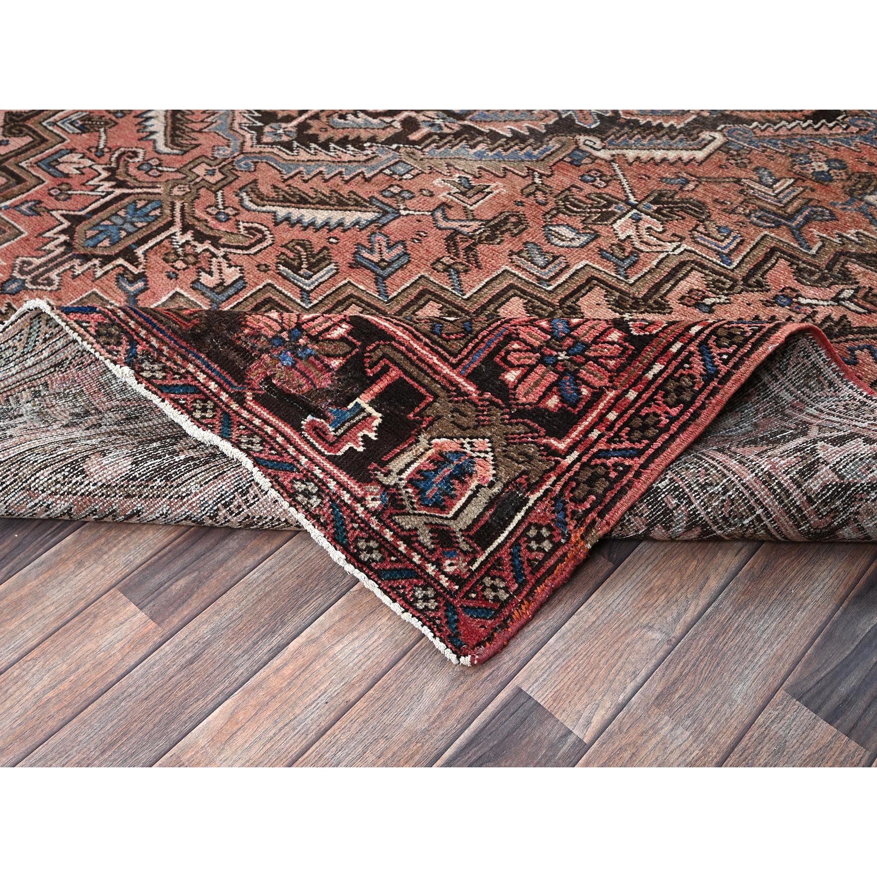 8'8"x11' Blush Red, Vintage Persian Heriz with Some Wear, Sheared Low, Sides and Ends Professionally Secured, Clean, Hand Knotted, 100% Wool, Oriental Rug Sh1339