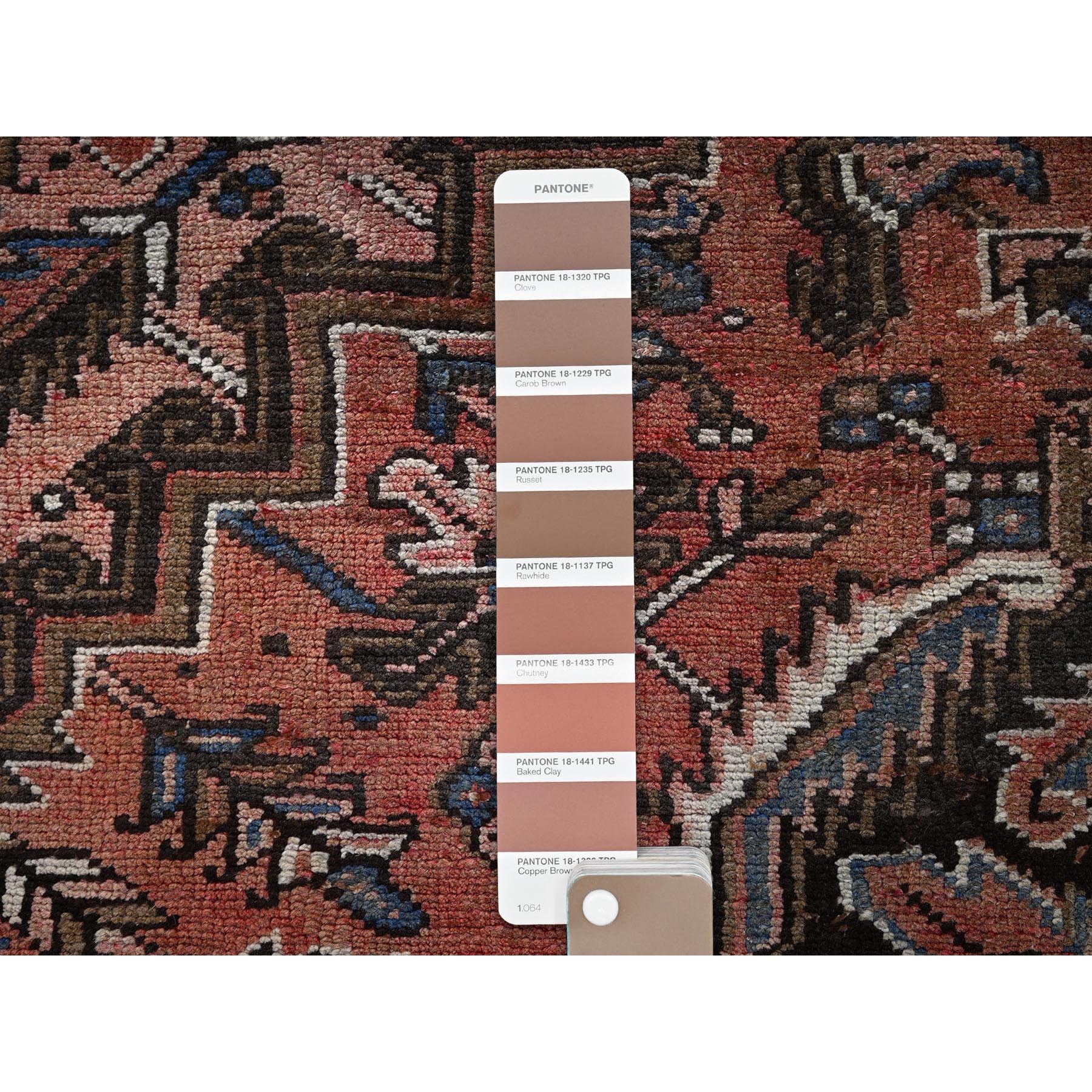8'8"x11' Blush Red, Vintage Persian Heriz with Some Wear, Sheared Low, Sides and Ends Professionally Secured, Clean, Hand Knotted, 100% Wool, Oriental Rug Sh1339
