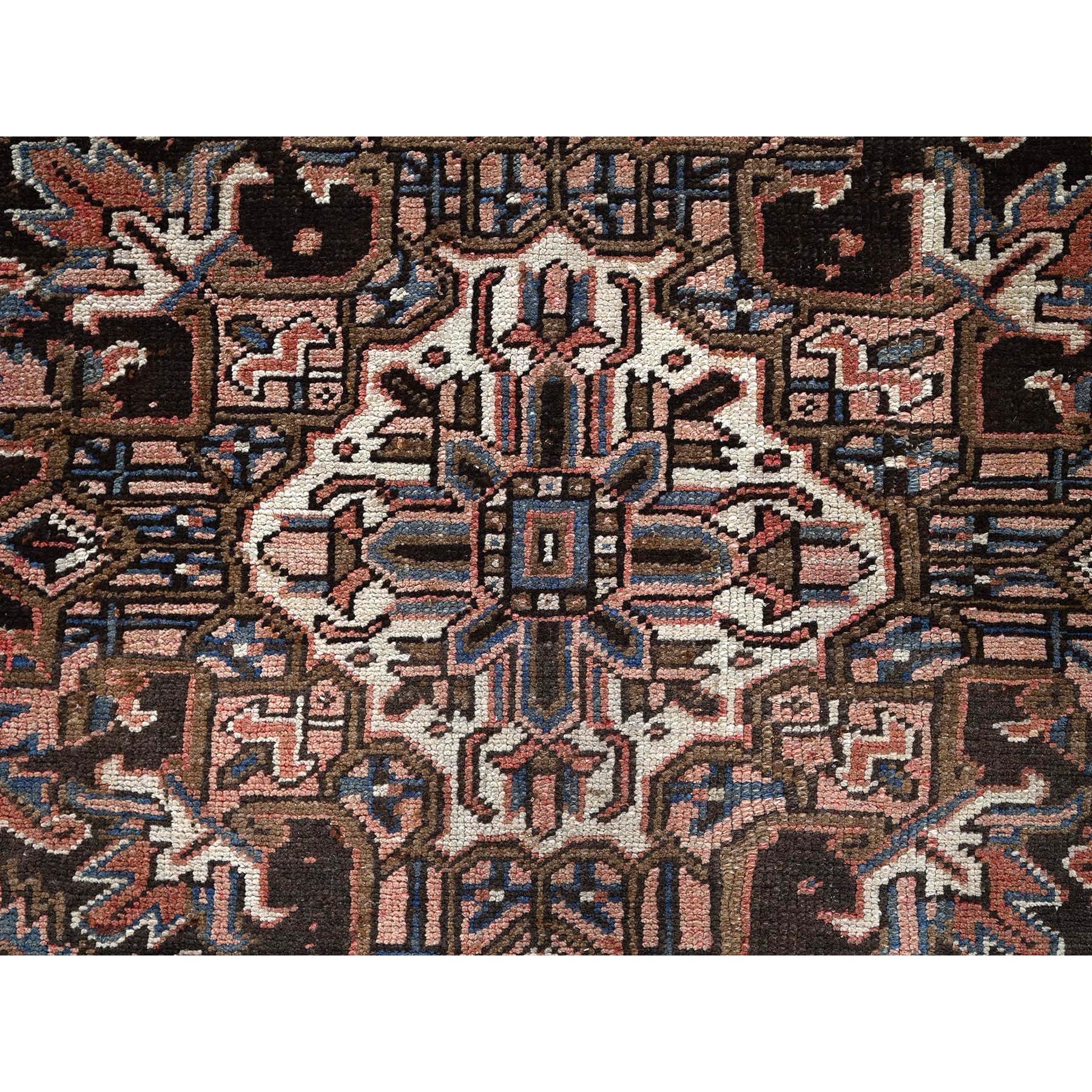 8'8"x11' Blush Red, Vintage Persian Heriz with Some Wear, Sheared Low, Sides and Ends Professionally Secured, Clean, Hand Knotted, 100% Wool, Oriental Rug Sh1339