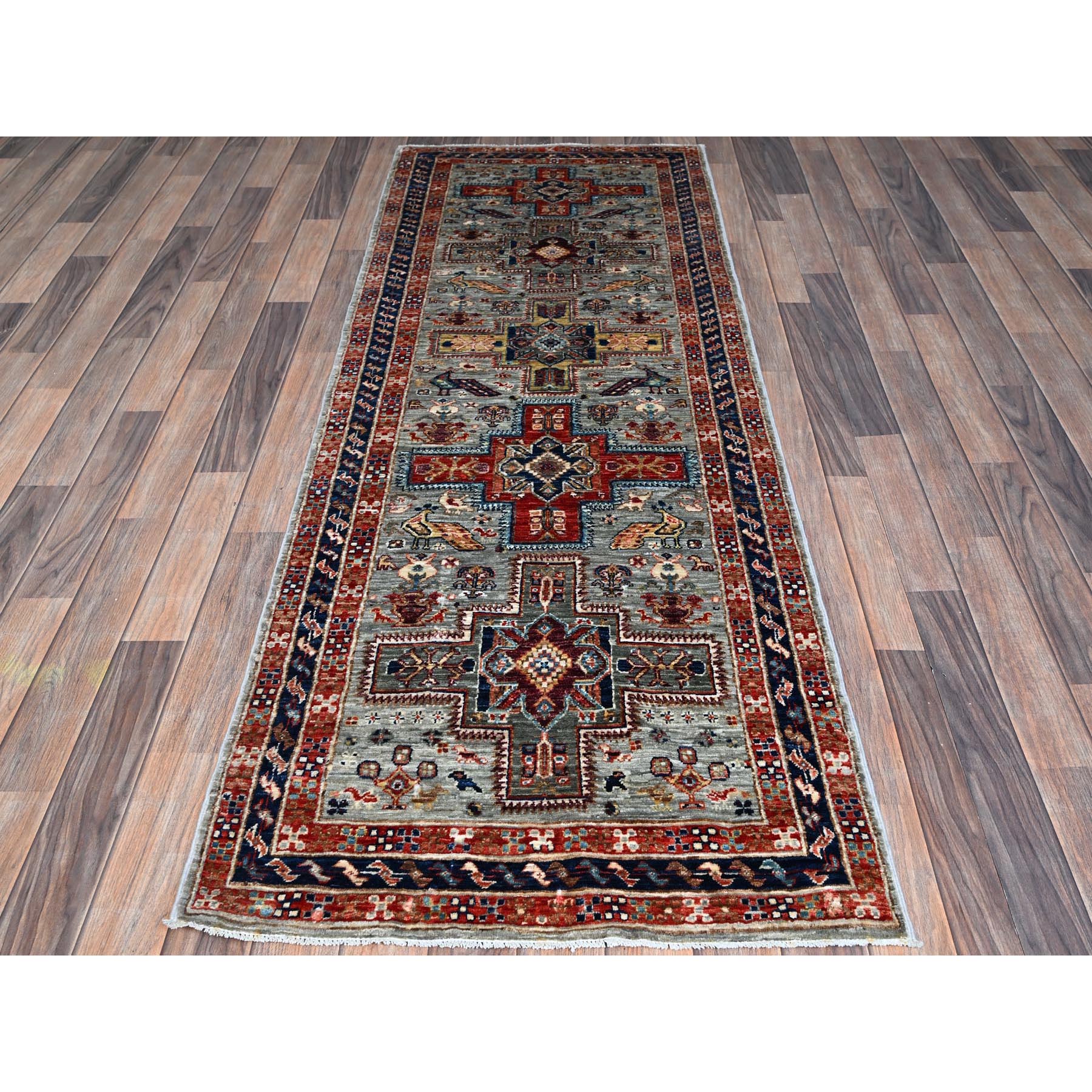 2'8"x7'5" Mirage Gray, Armenian Inspired Caucasian Design with Bird Figurines, Hand Knotted, Super Fine Wool, 200 KPSI, Denser Weave, Vegetable Dyes, Runner, Oriental Rug Sh1342