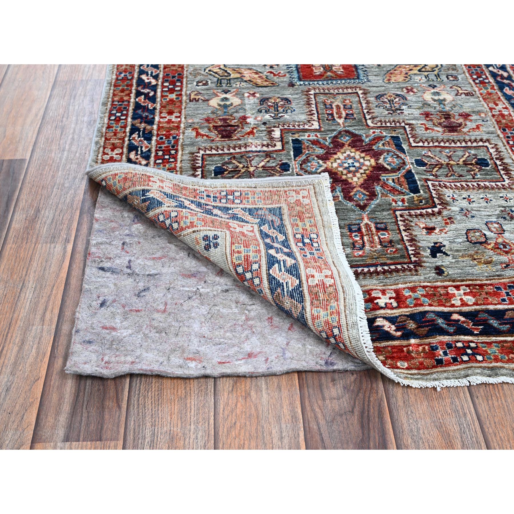 2'8"x7'5" Mirage Gray, Armenian Inspired Caucasian Design with Bird Figurines, Hand Knotted, Super Fine Wool, 200 KPSI, Denser Weave, Vegetable Dyes, Runner, Oriental Rug Sh1342