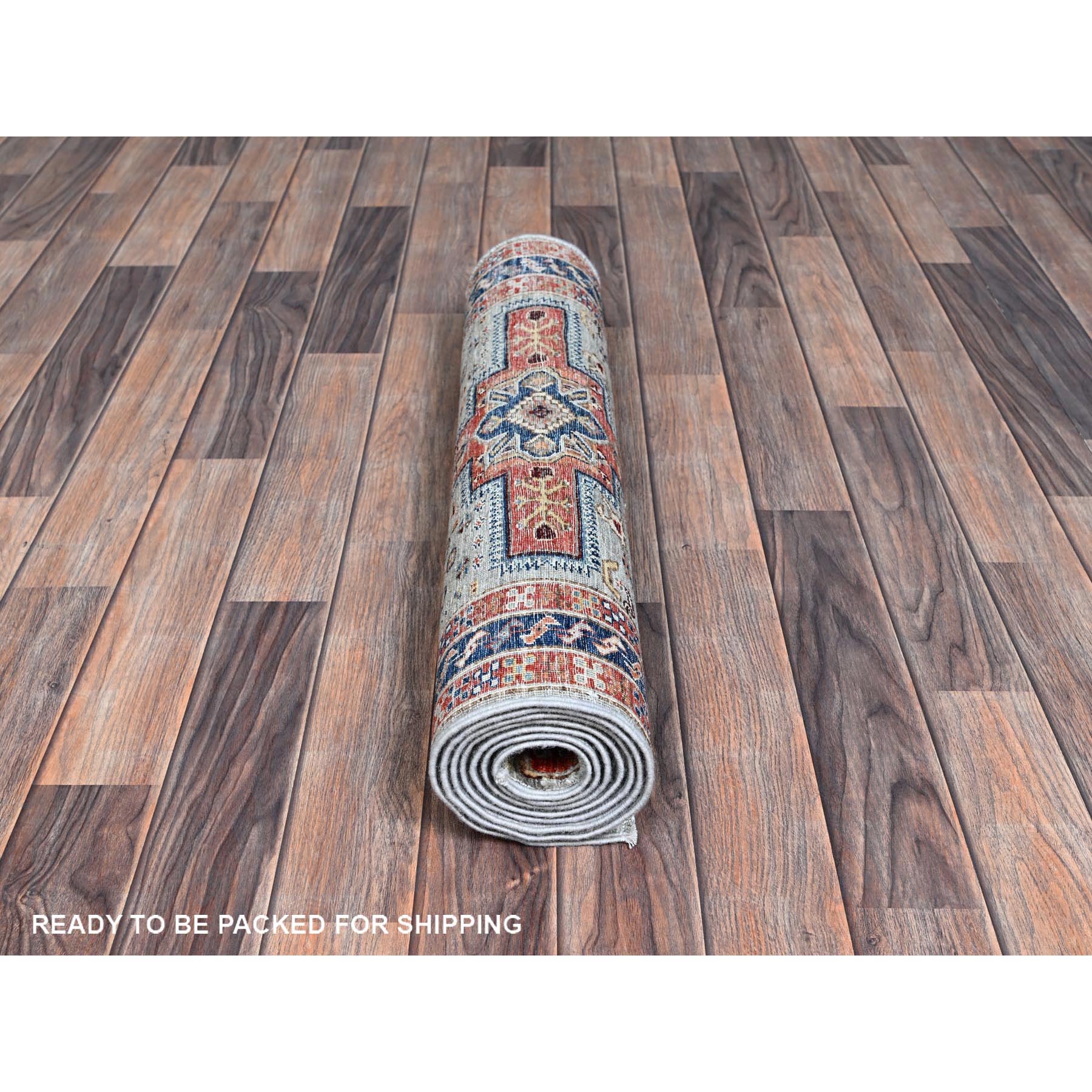 2'8"x7'5" Mirage Gray, Armenian Inspired Caucasian Design with Bird Figurines, Hand Knotted, Super Fine Wool, 200 KPSI, Denser Weave, Vegetable Dyes, Runner, Oriental Rug Sh1342