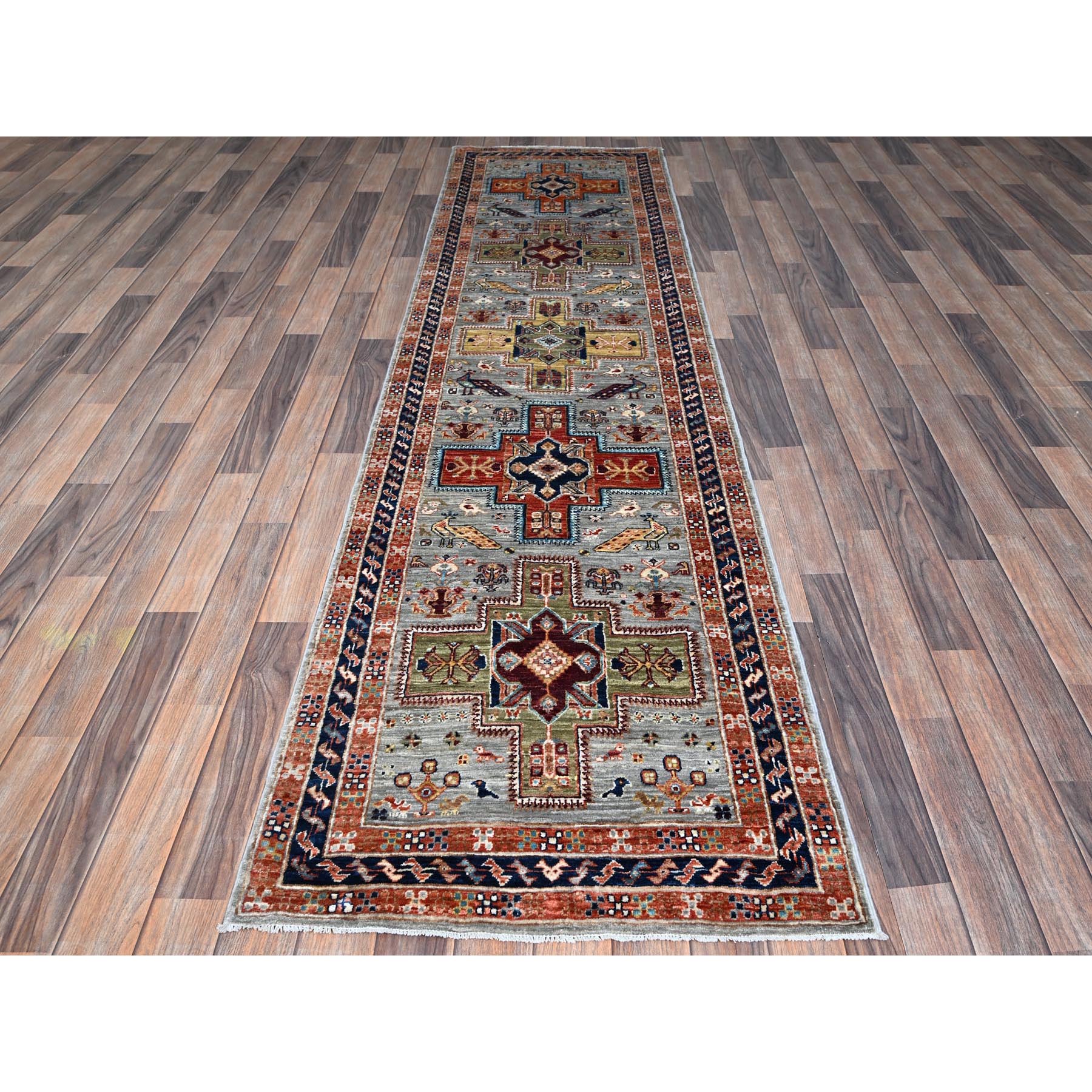 2'7"x9'9" Misty Gray, Armenian Inspired Caucasian Design with Bird Figurines, Super Fine Wool, 200 KPSI, Hand Knotted, Denser Weave, Vegetable Dyes, Runner, Oriental Rug Sh1343