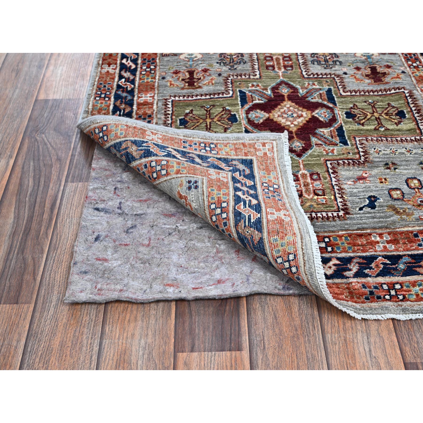 2'7"x9'9" Misty Gray, Armenian Inspired Caucasian Design with Bird Figurines, Super Fine Wool, 200 KPSI, Hand Knotted, Denser Weave, Vegetable Dyes, Runner, Oriental Rug Sh1343