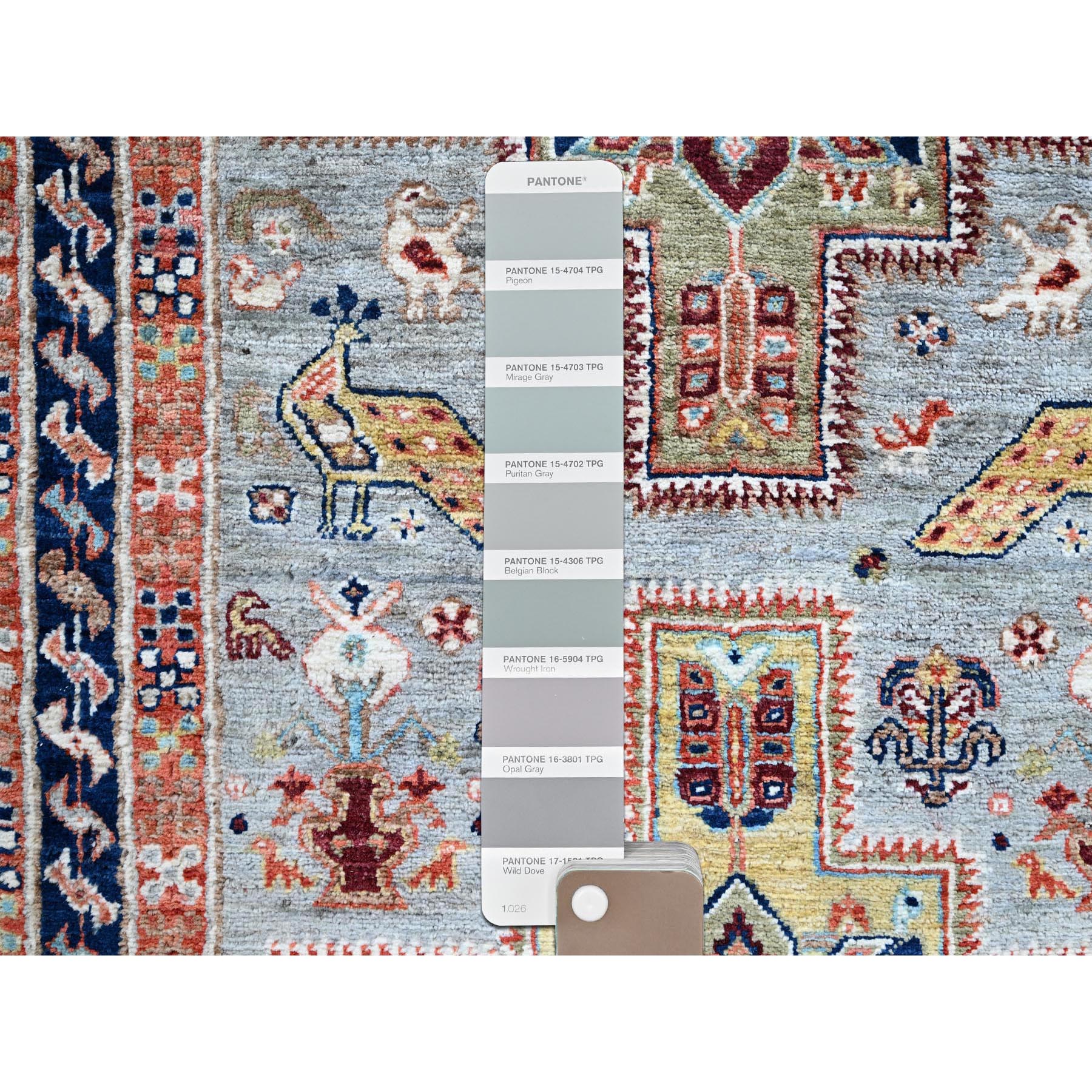 2'7"x9'9" Misty Gray, Armenian Inspired Caucasian Design with Bird Figurines, Super Fine Wool, 200 KPSI, Hand Knotted, Denser Weave, Vegetable Dyes, Runner, Oriental Rug Sh1343