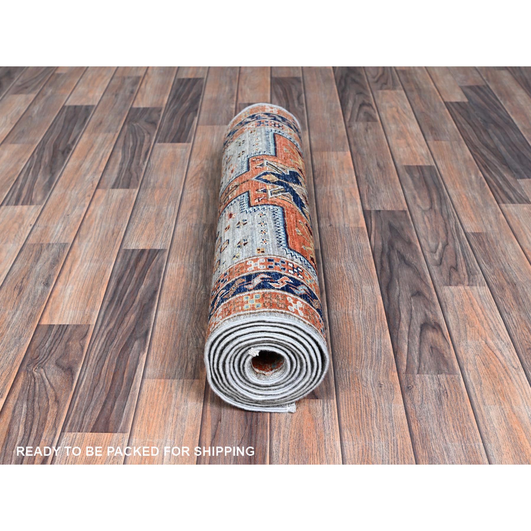 2'7"x9'9" Misty Gray, Armenian Inspired Caucasian Design with Bird Figurines, Super Fine Wool, 200 KPSI, Hand Knotted, Denser Weave, Vegetable Dyes, Runner, Oriental Rug Sh1343