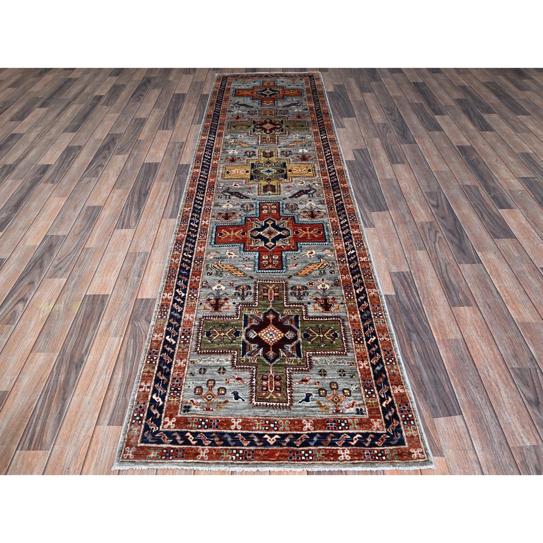 2'8"x9'8" Quiet Gray, Armenian Inspired Caucasian Design with Bird Figurines, Super Fine Wool, 200 KPSI, Hand Knotted, Denser Weave, Vegetable Dyes, Runner, Oriental Rug Sh1344