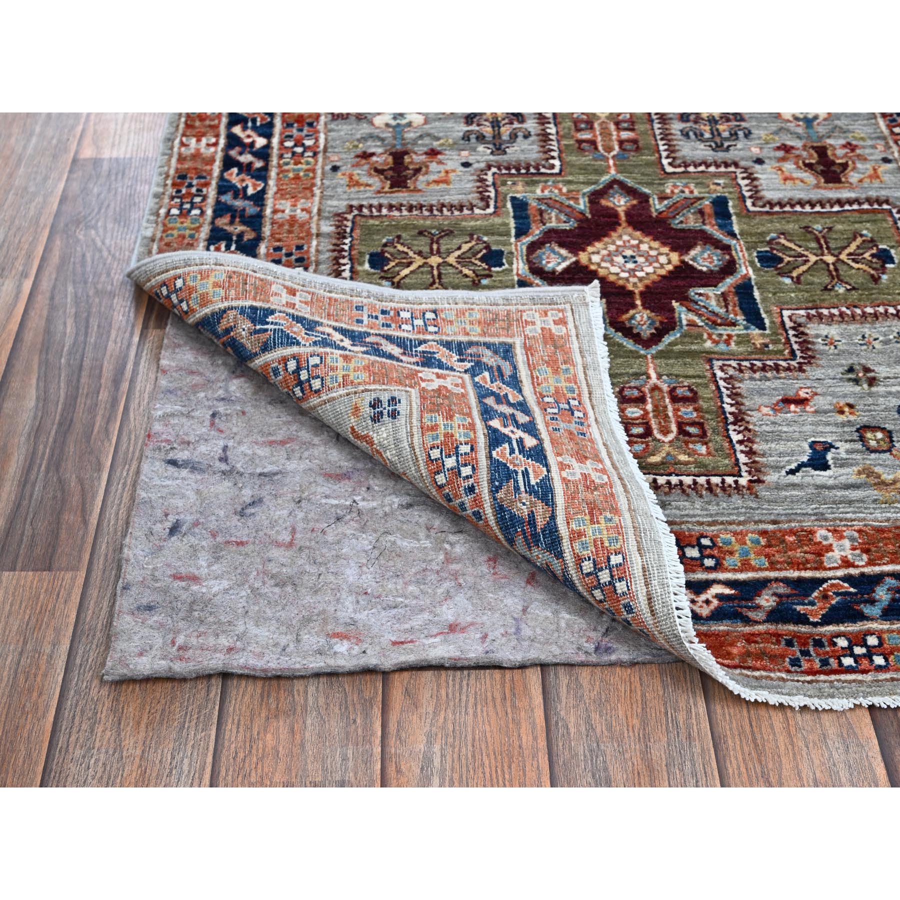 2'8"x9'8" Quiet Gray, Armenian Inspired Caucasian Design with Bird Figurines, Super Fine Wool, 200 KPSI, Hand Knotted, Denser Weave, Vegetable Dyes, Runner, Oriental Rug Sh1344