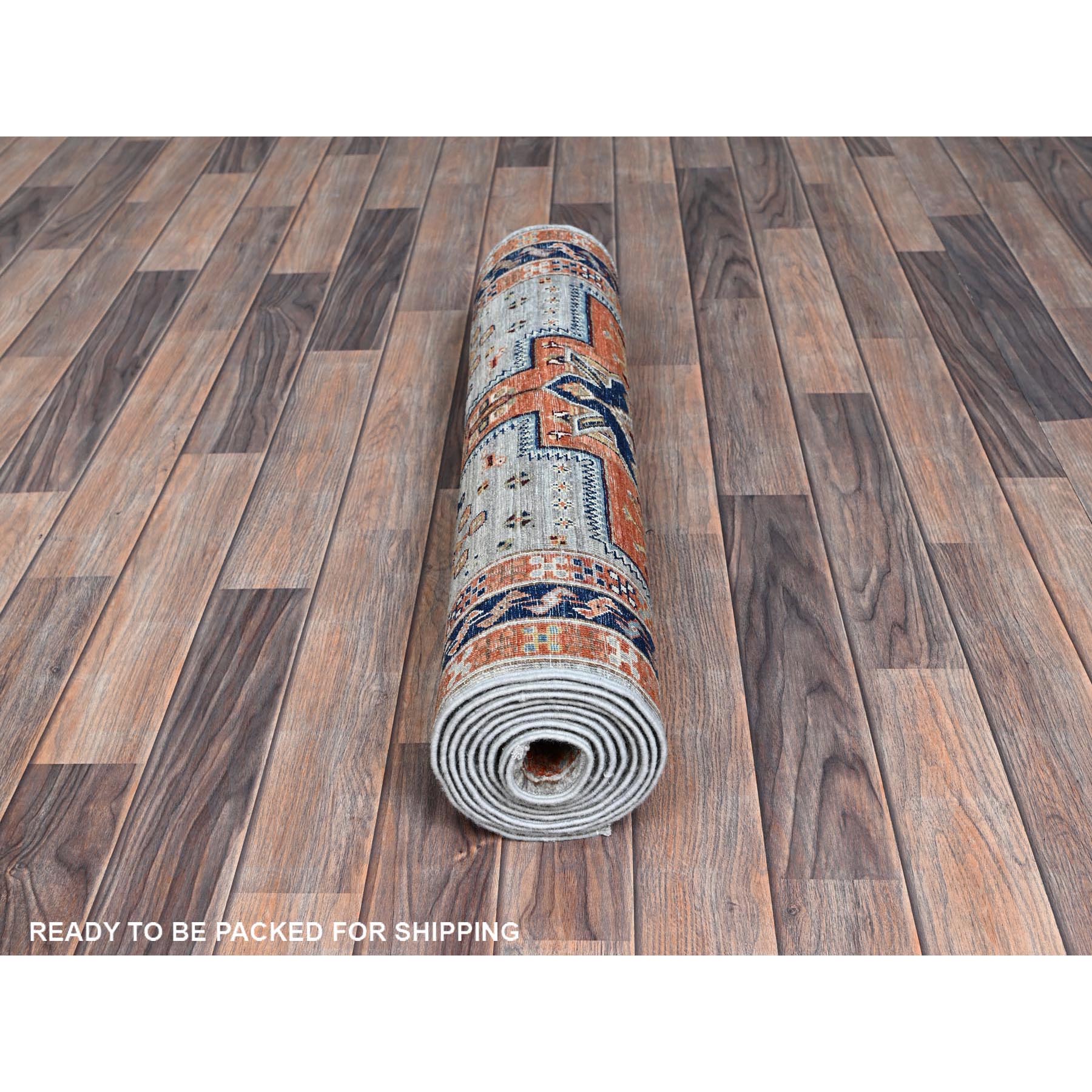 2'8"x9'8" Quiet Gray, Armenian Inspired Caucasian Design with Bird Figurines, Super Fine Wool, 200 KPSI, Hand Knotted, Denser Weave, Vegetable Dyes, Runner, Oriental Rug Sh1344