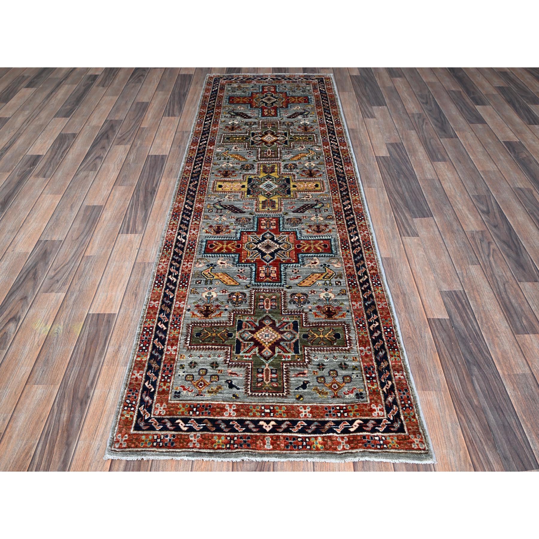 2'7"x8' Misty Gray, Armenian Inspired Caucasian Design with Bird Figurines, Super Fine Wool, 200 KPSI, Hand Knotted, Vegetable Dyes, Denser Weave, Runner, Oriental Rug Sh1345