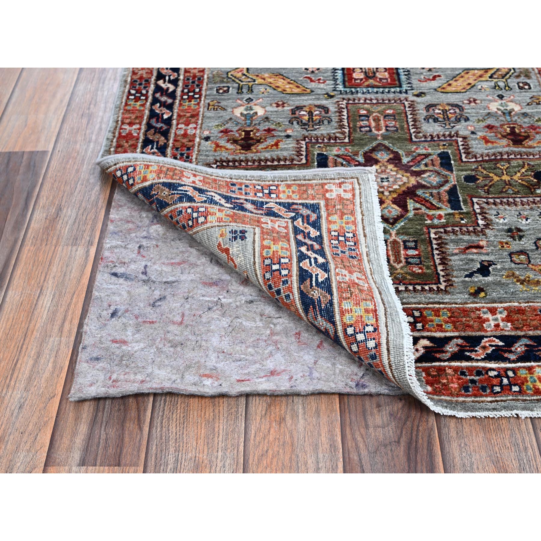 2'7"x8' Misty Gray, Armenian Inspired Caucasian Design with Bird Figurines, Super Fine Wool, 200 KPSI, Hand Knotted, Vegetable Dyes, Denser Weave, Runner, Oriental Rug Sh1345