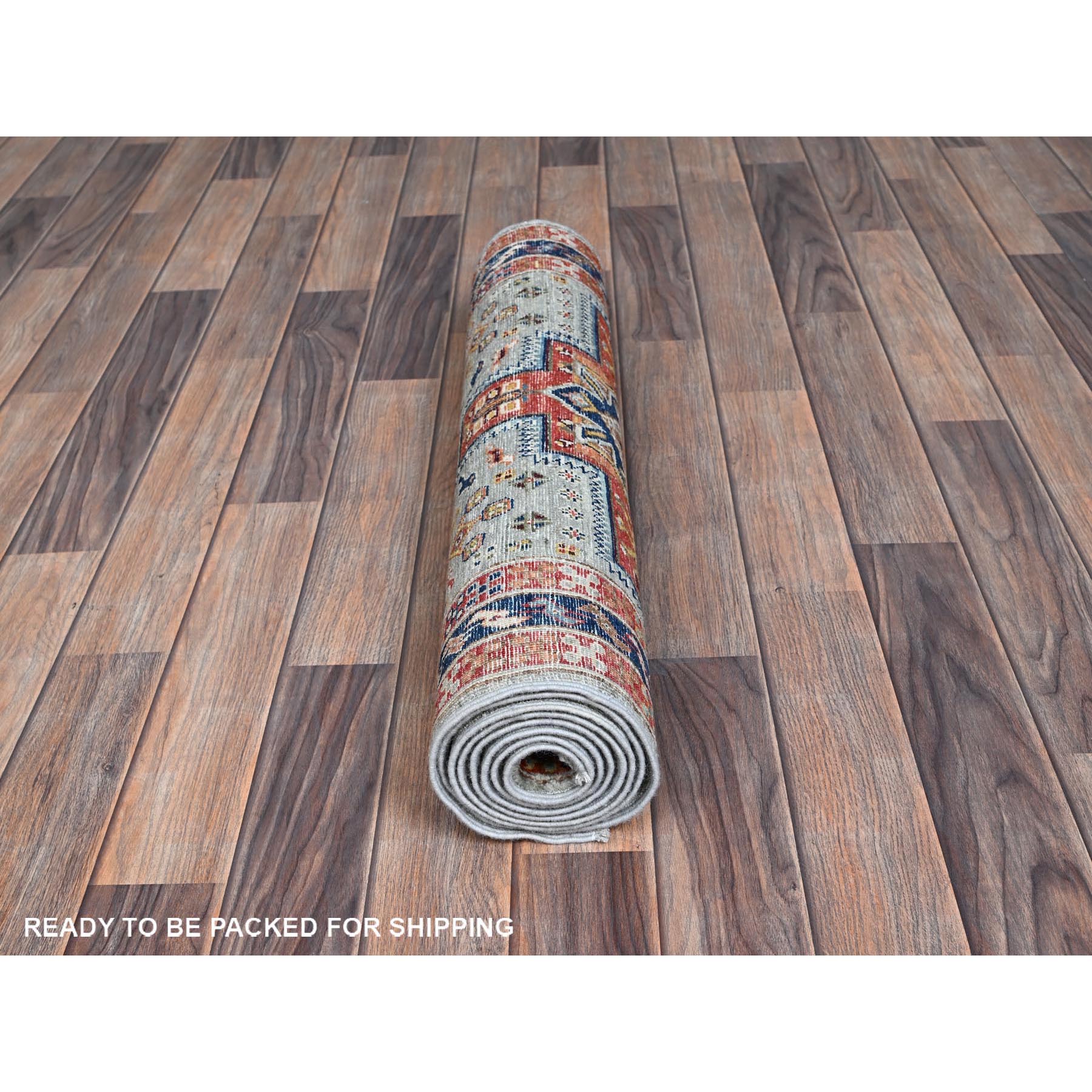 2'7"x8' Misty Gray, Armenian Inspired Caucasian Design with Bird Figurines, Super Fine Wool, 200 KPSI, Hand Knotted, Vegetable Dyes, Denser Weave, Runner, Oriental Rug Sh1345