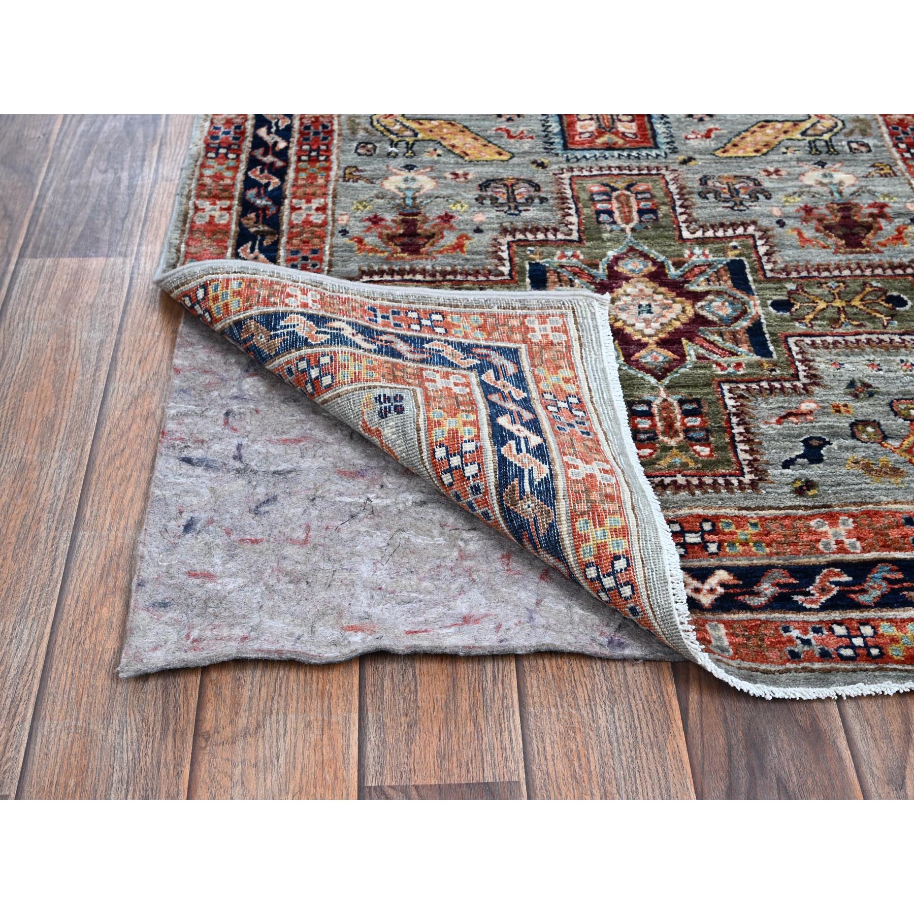 2'7"x8' Pigeon Gray, Armenian Inspired Caucasian Design with Bird Figurines, Super Fine Wool, 200 KPSI, Hand Knotted, Denser Weave, Vegetable Dyes, Runner, Oriental Rug Sh1346