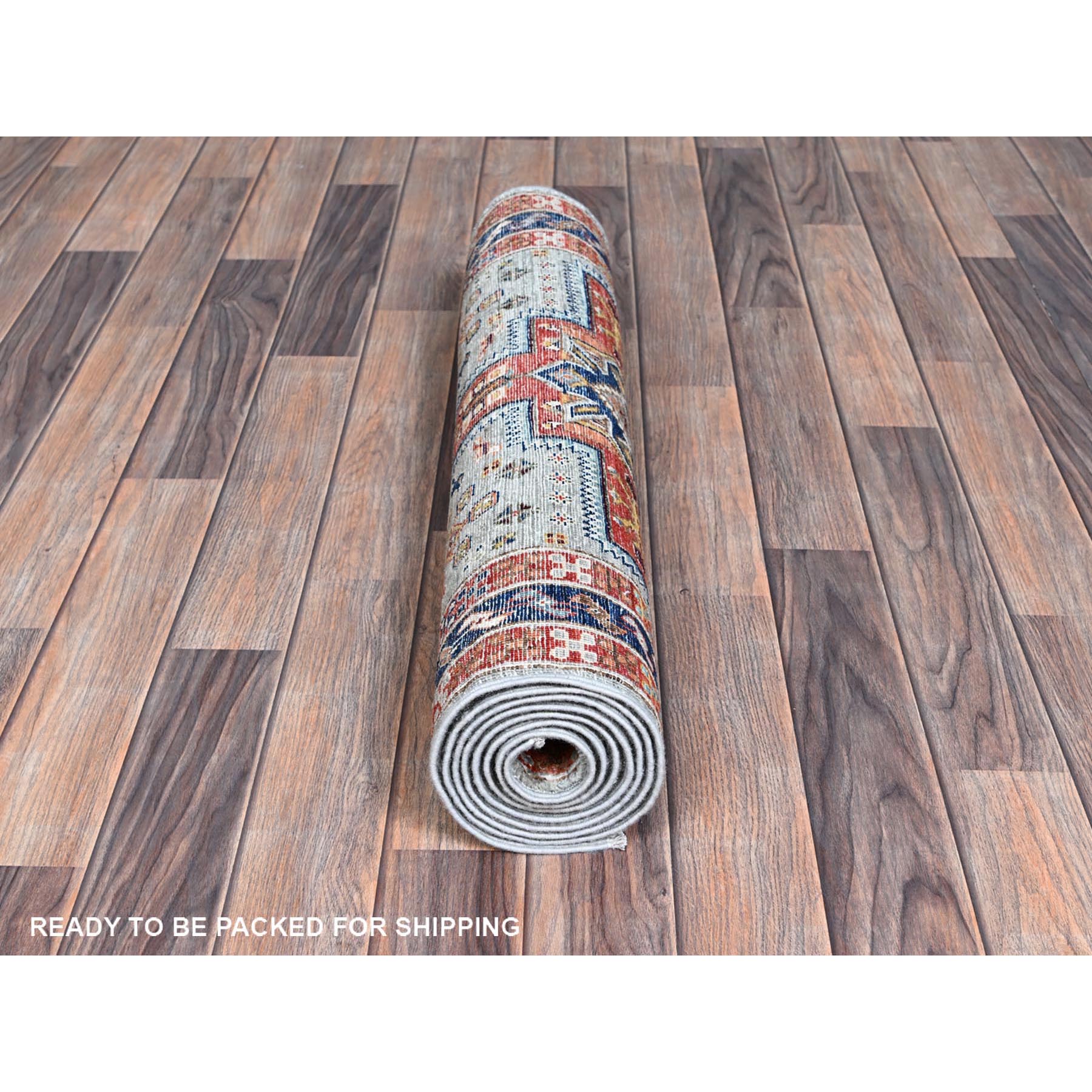 2'7"x8' Pigeon Gray, Armenian Inspired Caucasian Design with Bird Figurines, Super Fine Wool, 200 KPSI, Hand Knotted, Denser Weave, Vegetable Dyes, Runner, Oriental Rug Sh1346