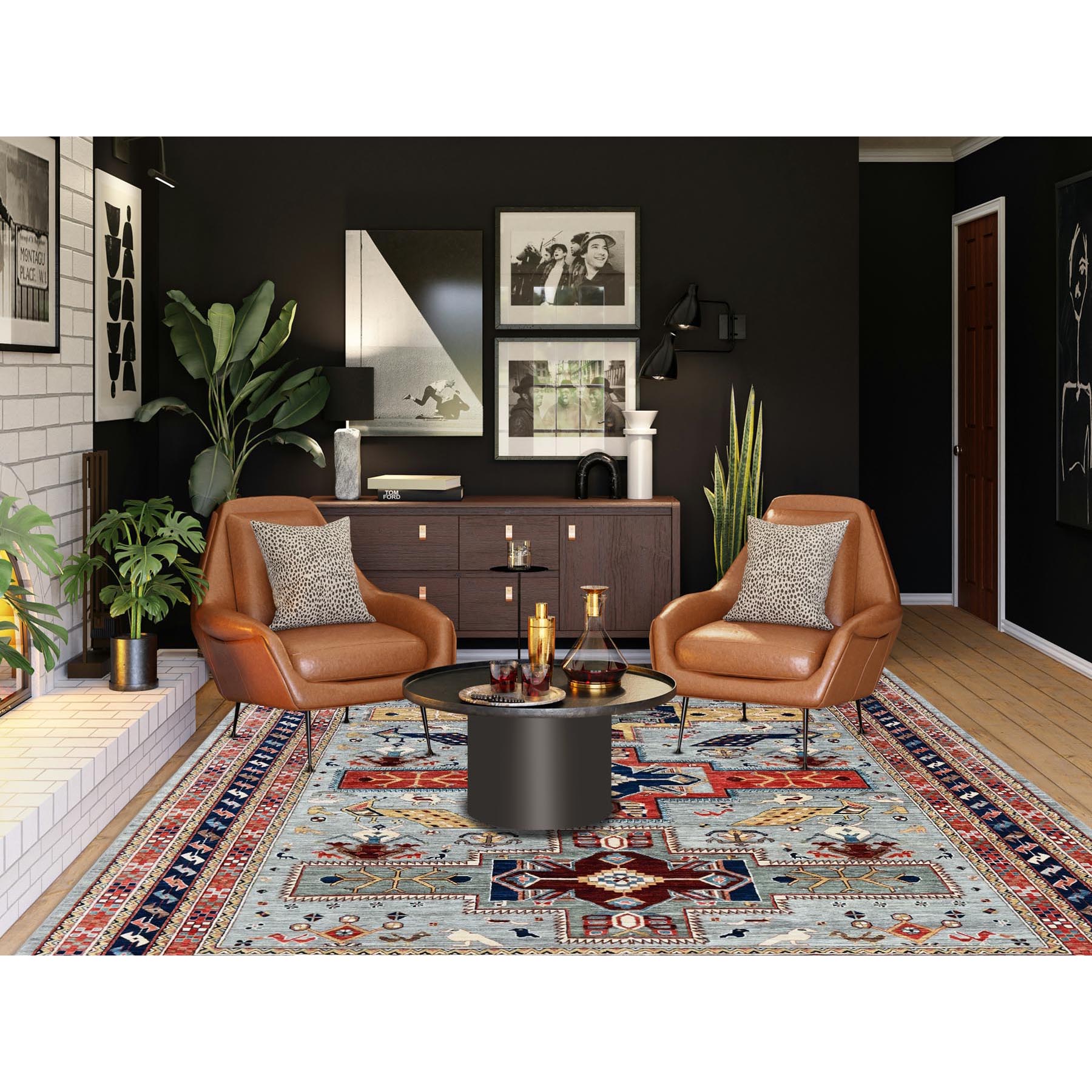 8'x9'9" Mirage Gray, Armenian Inspired Caucasian Design with Bird Figurines, 200 KPSI, Denser Weave, Soft and Shiny Wool, Hand Knotted, Natural Dyes, Oriental Rug Sh1347