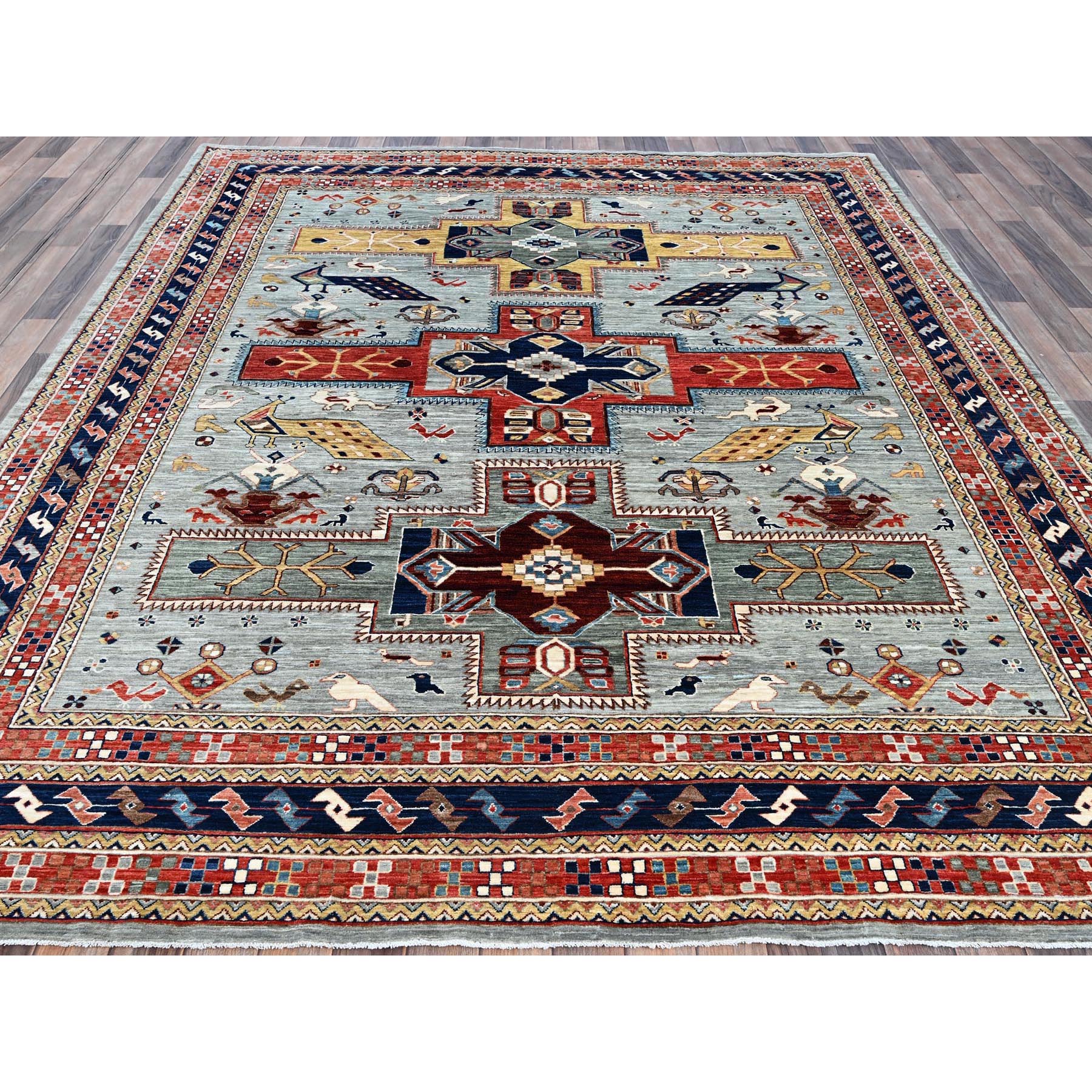 8'x9'9" Mirage Gray, Armenian Inspired Caucasian Design with Bird Figurines, 200 KPSI, Denser Weave, Soft and Shiny Wool, Hand Knotted, Natural Dyes, Oriental Rug Sh1347