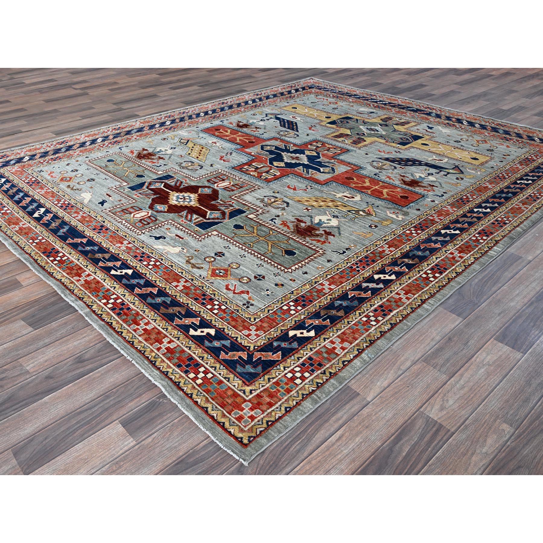 8'x9'9" Mirage Gray, Armenian Inspired Caucasian Design with Bird Figurines, 200 KPSI, Denser Weave, Soft and Shiny Wool, Hand Knotted, Natural Dyes, Oriental Rug Sh1347