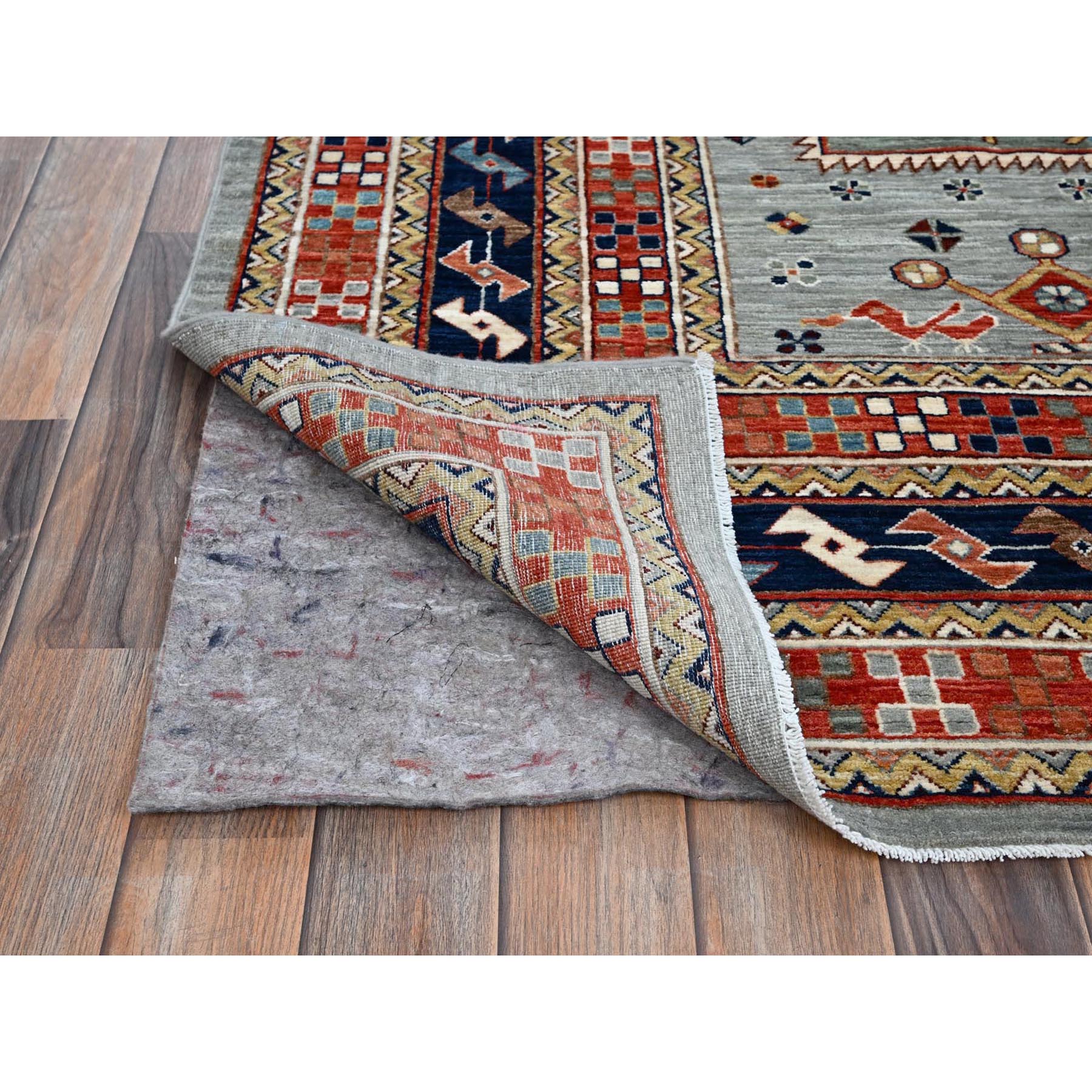 8'x9'9" Mirage Gray, Armenian Inspired Caucasian Design with Bird Figurines, 200 KPSI, Denser Weave, Soft and Shiny Wool, Hand Knotted, Natural Dyes, Oriental Rug Sh1347