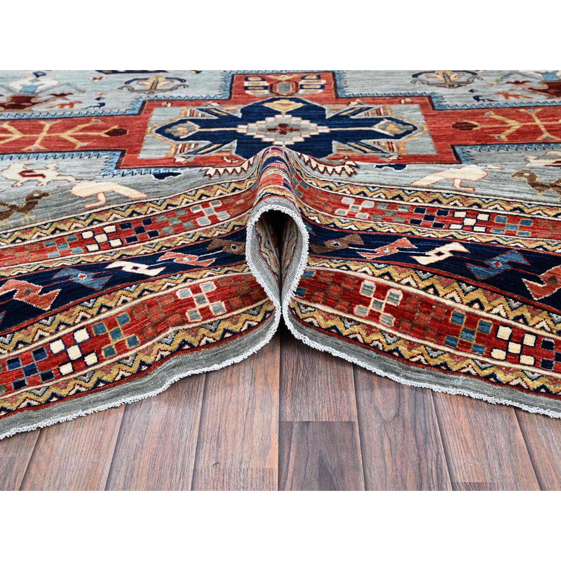 8'x9'9" Mirage Gray, Armenian Inspired Caucasian Design with Bird Figurines, 200 KPSI, Denser Weave, Soft and Shiny Wool, Hand Knotted, Natural Dyes, Oriental Rug Sh1347
