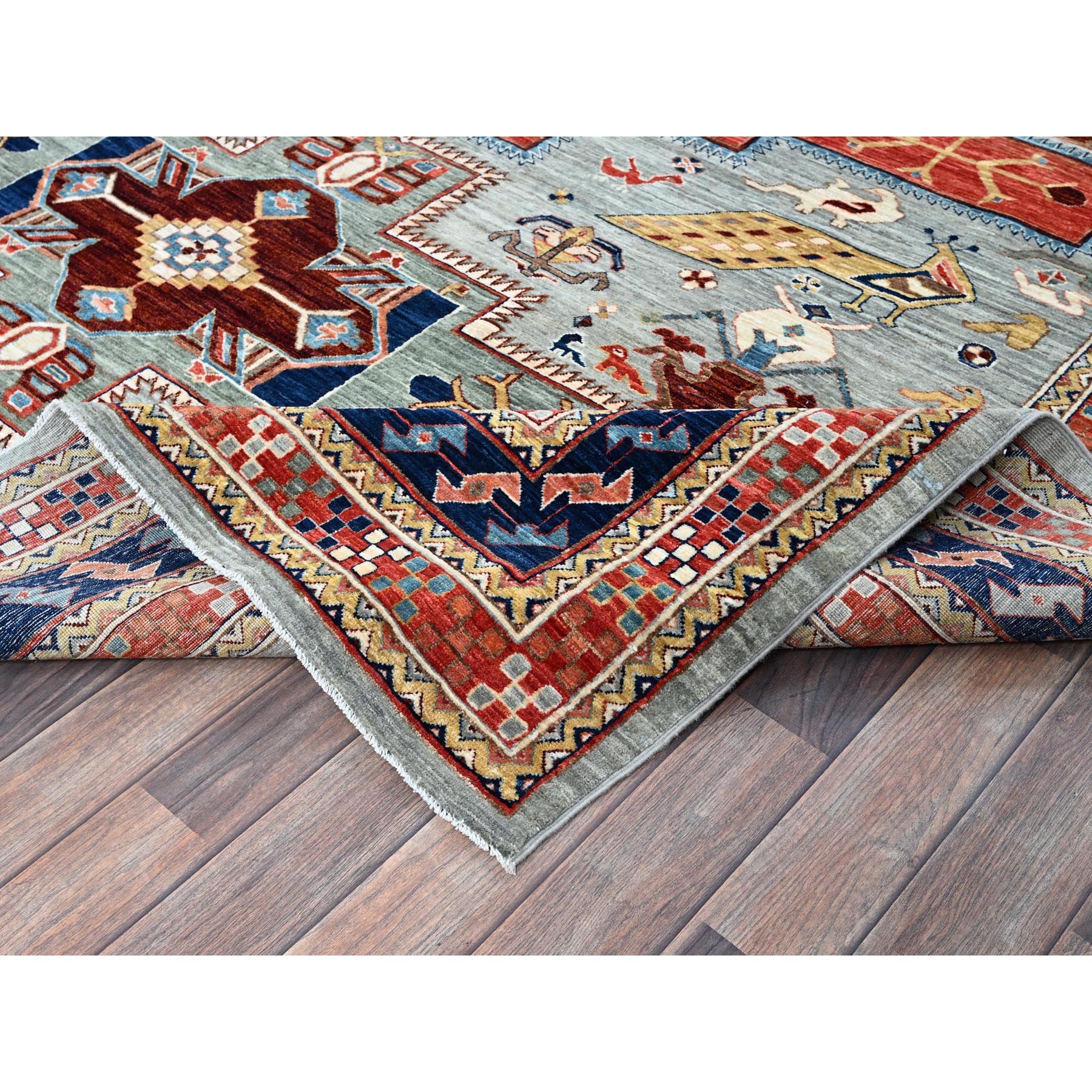 8'x9'9" Mirage Gray, Armenian Inspired Caucasian Design with Bird Figurines, 200 KPSI, Denser Weave, Soft and Shiny Wool, Hand Knotted, Natural Dyes, Oriental Rug Sh1347