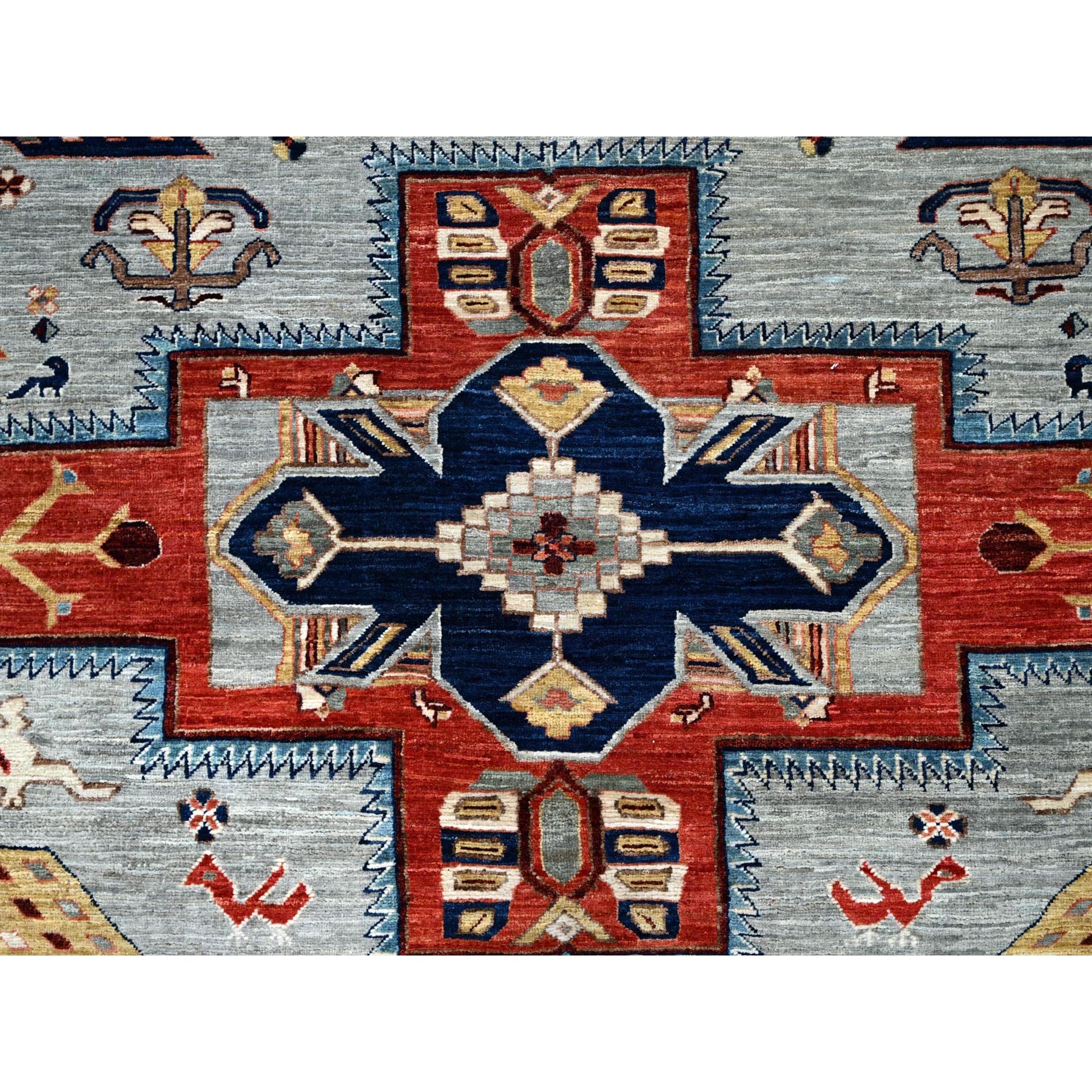 8'x9'9" Mirage Gray, Armenian Inspired Caucasian Design with Bird Figurines, 200 KPSI, Denser Weave, Soft and Shiny Wool, Hand Knotted, Natural Dyes, Oriental Rug Sh1347