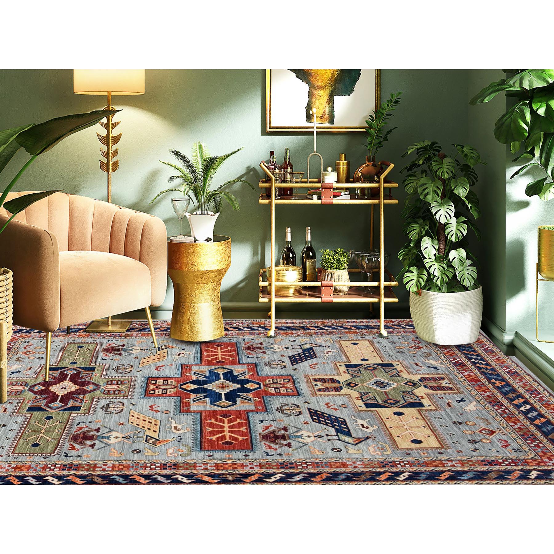 8'x9'8" Quiet Gray, Armenian Inspired Caucasian Design with Bird Figurines, Hand Knotted, Super Fine Wool, 200 KPSI, Denser Weave, Vegetable Dyes, Oriental Rug Sh1348