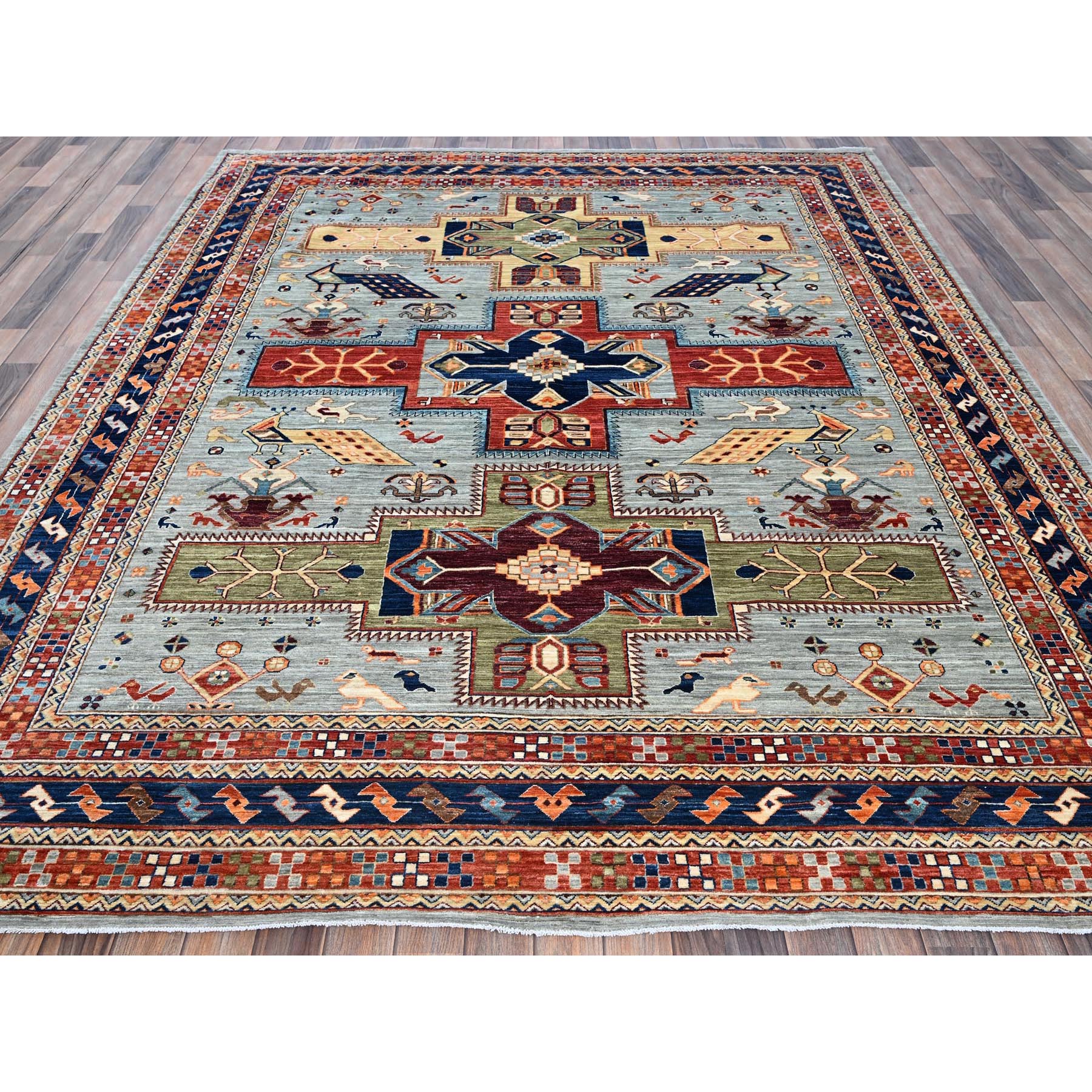 8'x9'8" Quiet Gray, Armenian Inspired Caucasian Design with Bird Figurines, Hand Knotted, Super Fine Wool, 200 KPSI, Denser Weave, Vegetable Dyes, Oriental Rug Sh1348