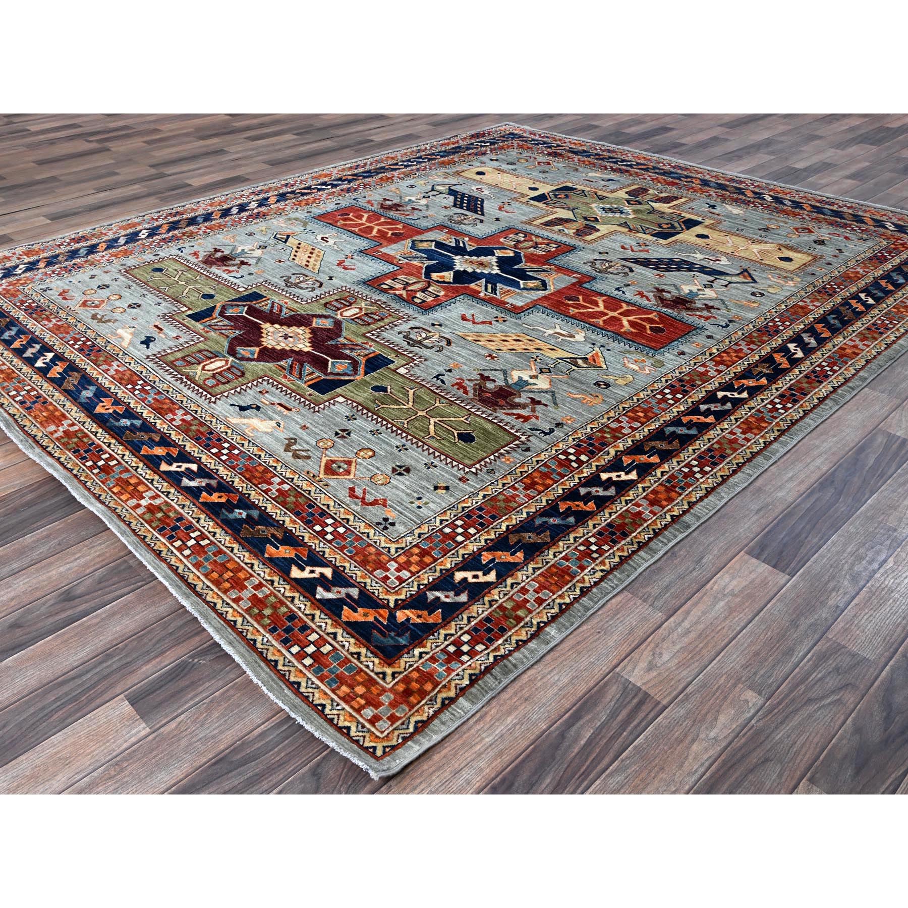 8'x9'8" Quiet Gray, Armenian Inspired Caucasian Design with Bird Figurines, Hand Knotted, Super Fine Wool, 200 KPSI, Denser Weave, Vegetable Dyes, Oriental Rug Sh1348