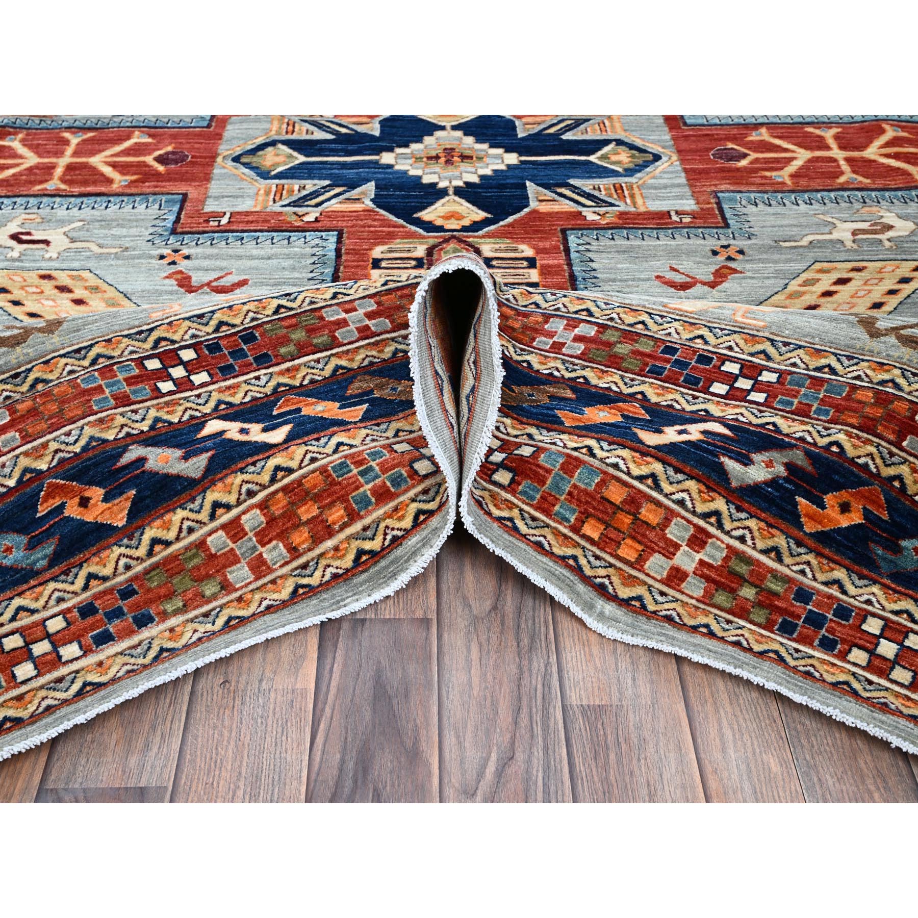 8'x9'8" Quiet Gray, Armenian Inspired Caucasian Design with Bird Figurines, Hand Knotted, Super Fine Wool, 200 KPSI, Denser Weave, Vegetable Dyes, Oriental Rug Sh1348