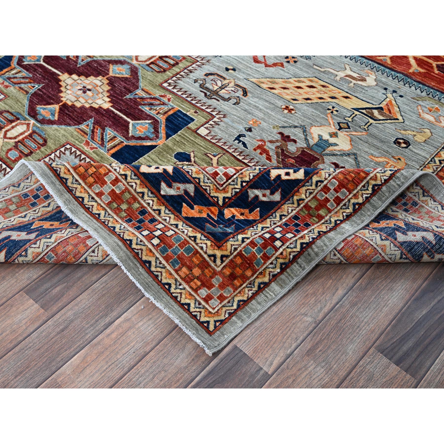 8'x9'8" Quiet Gray, Armenian Inspired Caucasian Design with Bird Figurines, Hand Knotted, Super Fine Wool, 200 KPSI, Denser Weave, Vegetable Dyes, Oriental Rug Sh1348