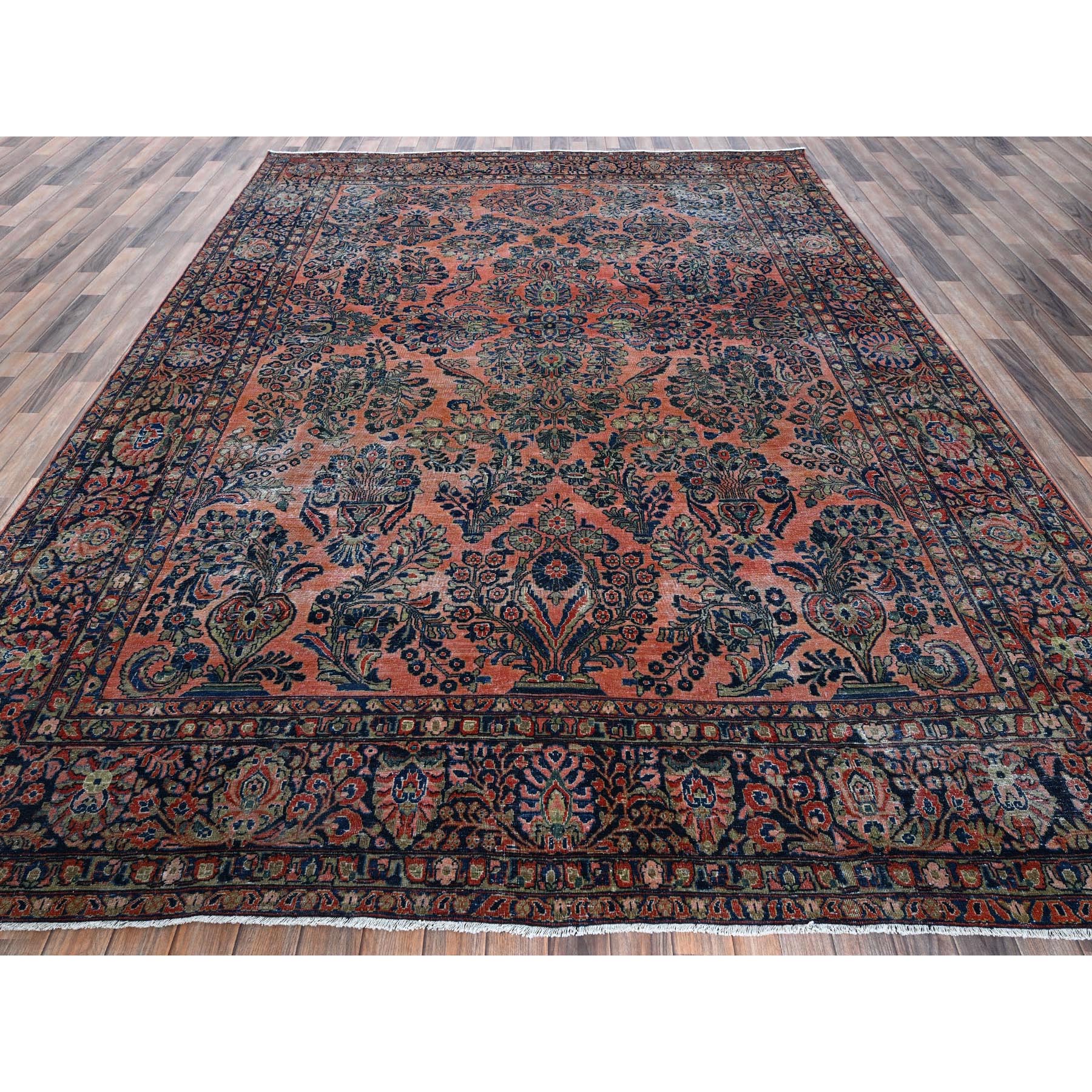 8'8"x11'6" Salmon Red, Antique Persian Sarouk, Washed and Shaved Low, Sides and Ends Professionally Secured, Shabby Chic, Distressed, Zero Pile, Hand Knotted, Pure Wool, Oriental Rug Sh1367