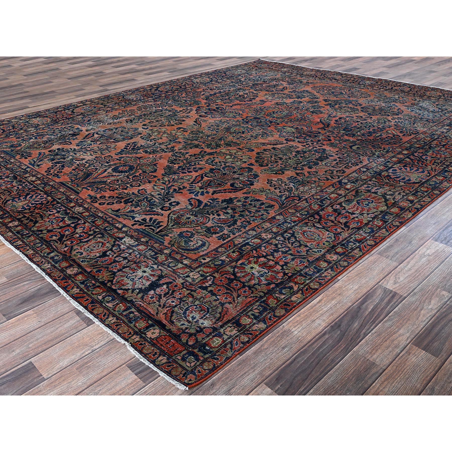 8'8"x11'6" Salmon Red, Antique Persian Sarouk, Washed and Shaved Low, Sides and Ends Professionally Secured, Shabby Chic, Distressed, Zero Pile, Hand Knotted, Pure Wool, Oriental Rug Sh1367
