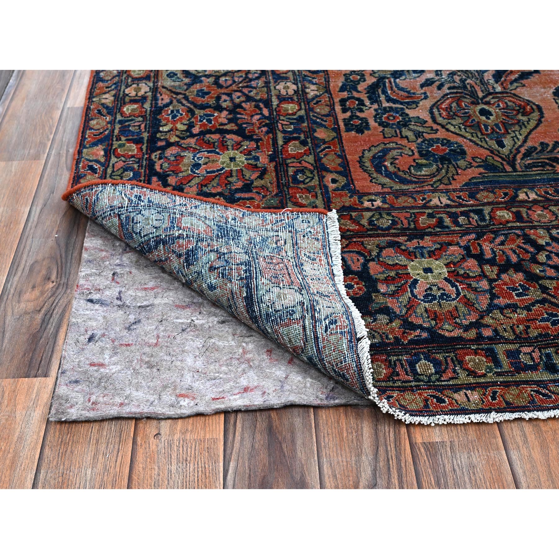 8'8"x11'6" Salmon Red, Antique Persian Sarouk, Washed and Shaved Low, Sides and Ends Professionally Secured, Shabby Chic, Distressed, Zero Pile, Hand Knotted, Pure Wool, Oriental Rug Sh1367