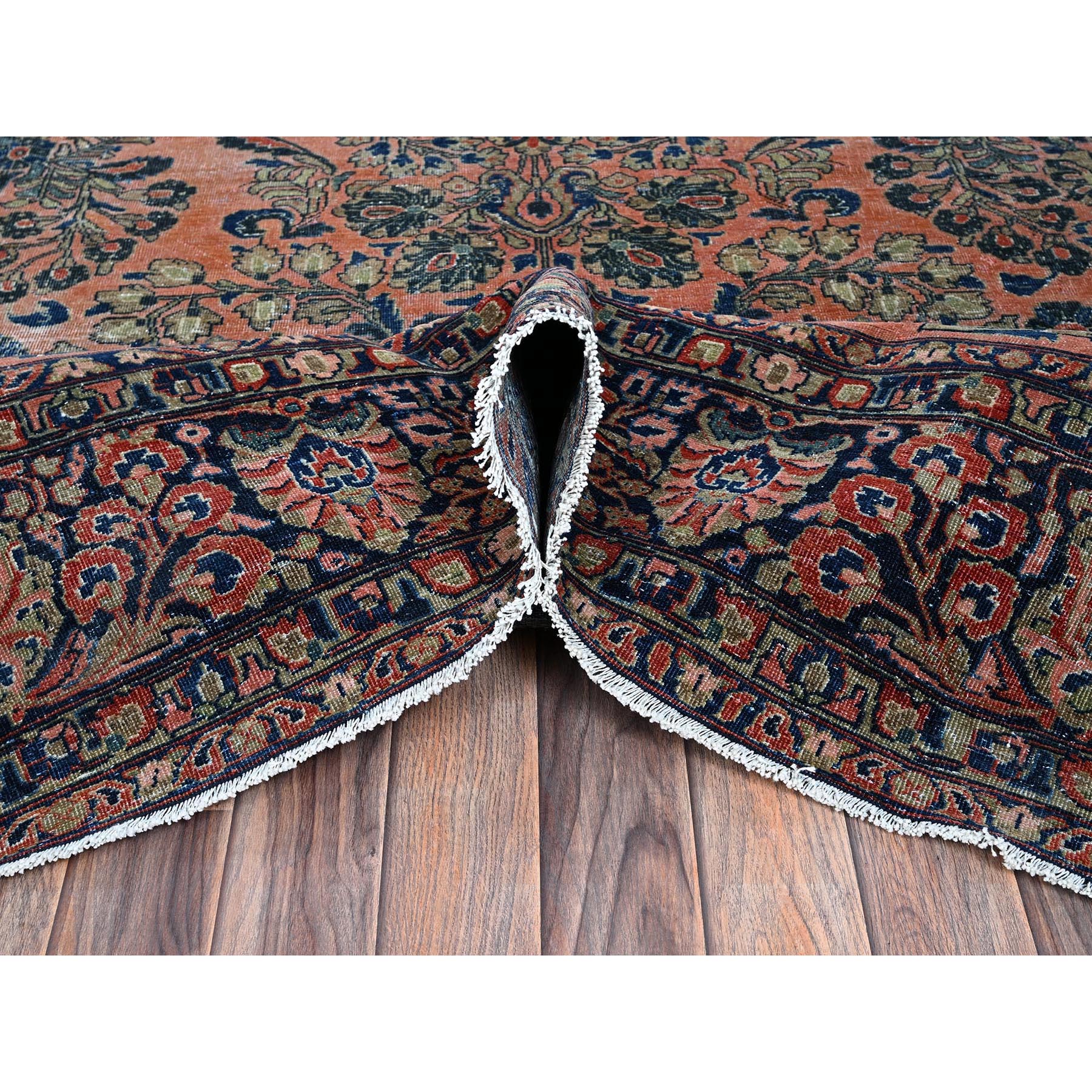 8'8"x11'6" Salmon Red, Antique Persian Sarouk, Washed and Shaved Low, Sides and Ends Professionally Secured, Shabby Chic, Distressed, Zero Pile, Hand Knotted, Pure Wool, Oriental Rug Sh1367