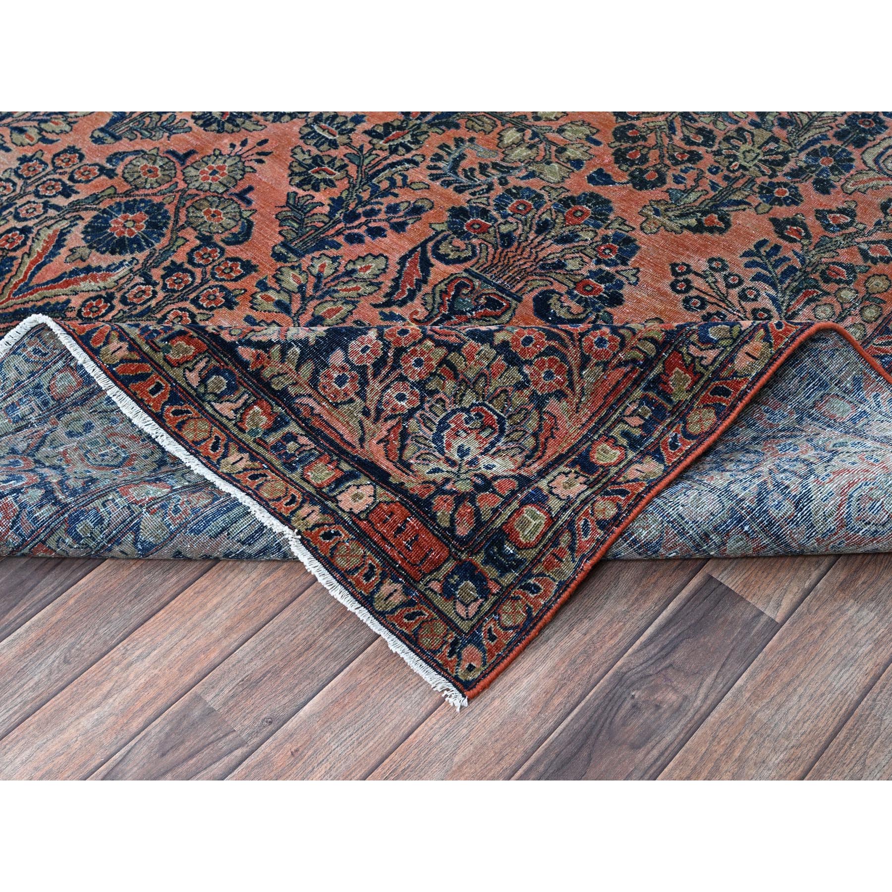 8'8"x11'6" Salmon Red, Antique Persian Sarouk, Washed and Shaved Low, Sides and Ends Professionally Secured, Shabby Chic, Distressed, Zero Pile, Hand Knotted, Pure Wool, Oriental Rug Sh1367