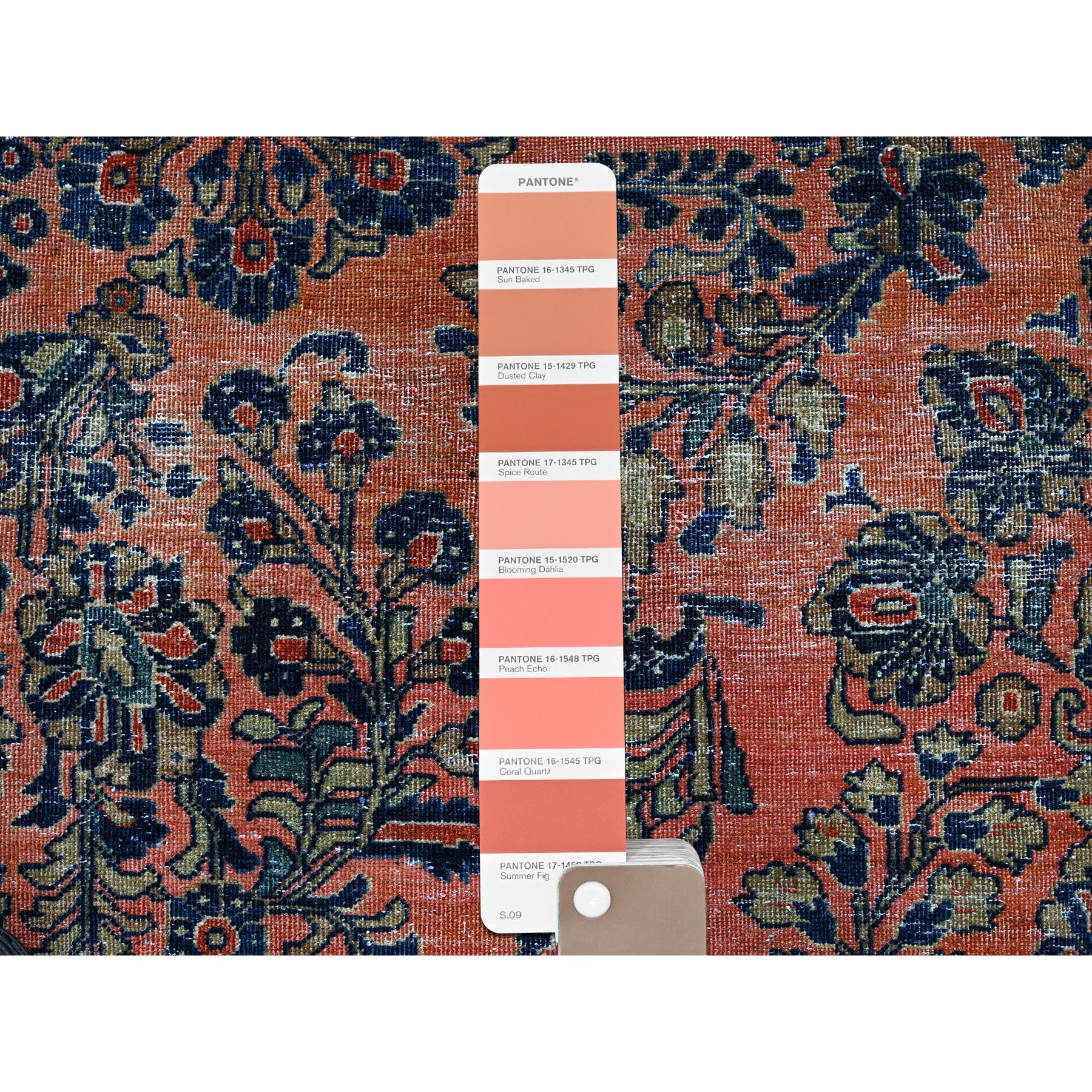 8'8"x11'6" Salmon Red, Antique Persian Sarouk, Washed and Shaved Low, Sides and Ends Professionally Secured, Shabby Chic, Distressed, Zero Pile, Hand Knotted, Pure Wool, Oriental Rug Sh1367