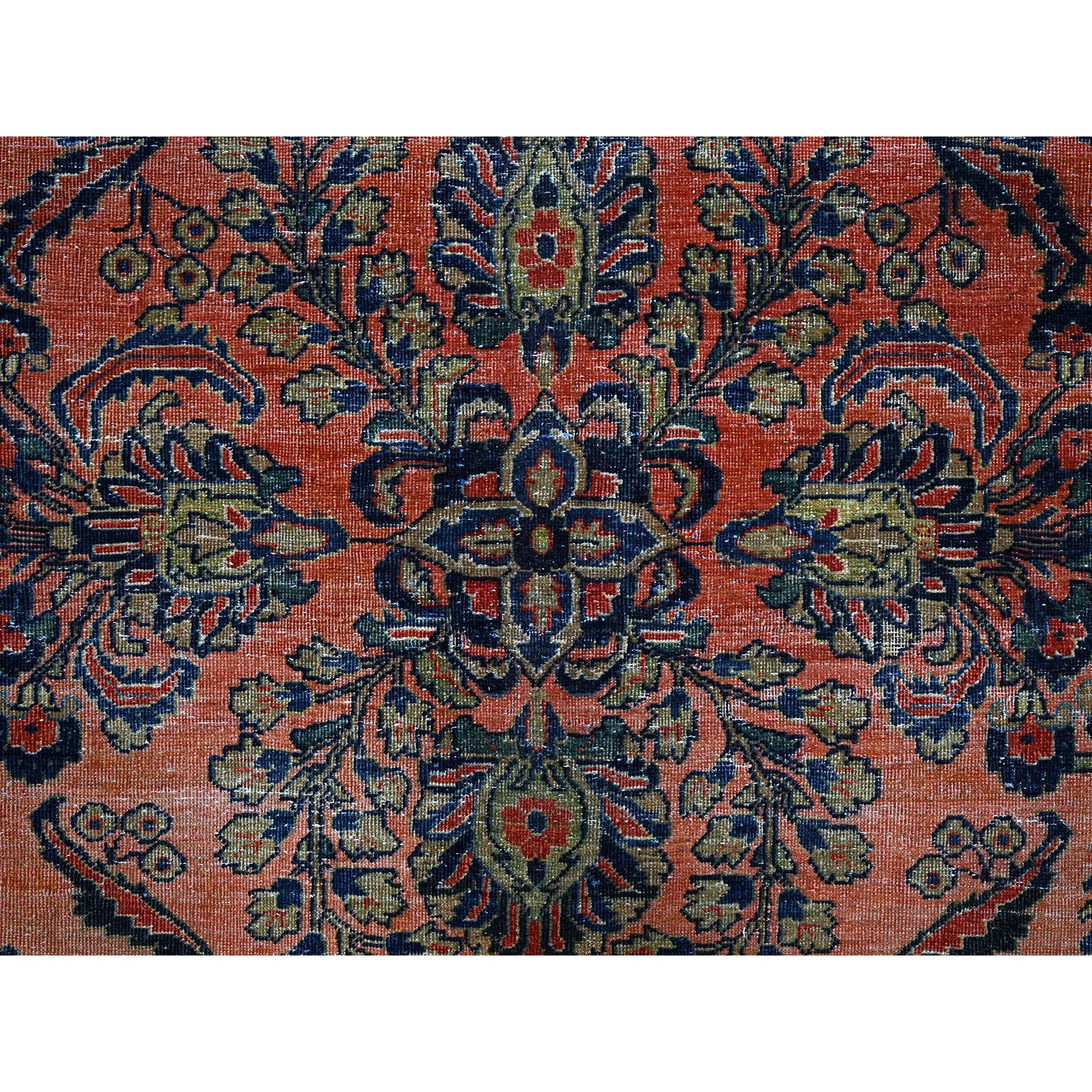 8'8"x11'6" Salmon Red, Antique Persian Sarouk, Washed and Shaved Low, Sides and Ends Professionally Secured, Shabby Chic, Distressed, Zero Pile, Hand Knotted, Pure Wool, Oriental Rug Sh1367