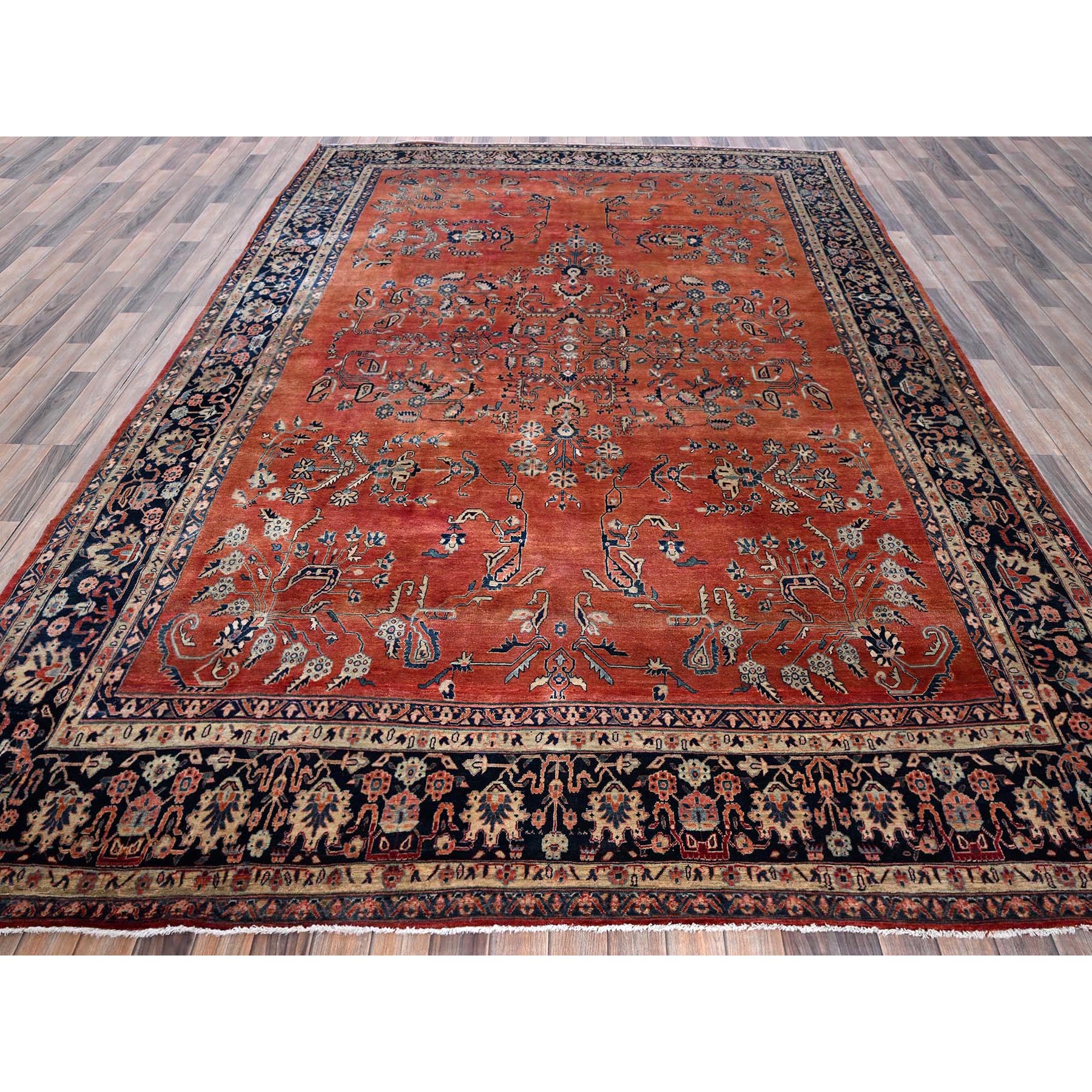 8'7"x12'3" Copper Red, Antique Persian Sarouk, Full Pile and Soft, Shabby Chic, Sides and Ends Professionally Secured, Hand Knotted, 100% Wool, Oriental Rug Sh1368