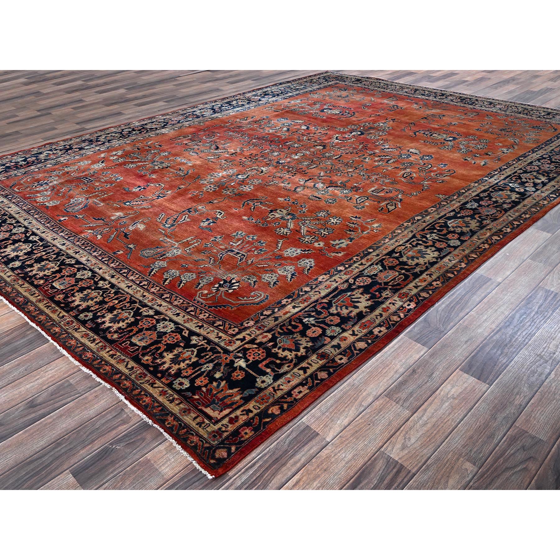 8'7"x12'3" Copper Red, Antique Persian Sarouk, Full Pile and Soft, Shabby Chic, Sides and Ends Professionally Secured, Hand Knotted, 100% Wool, Oriental Rug Sh1368